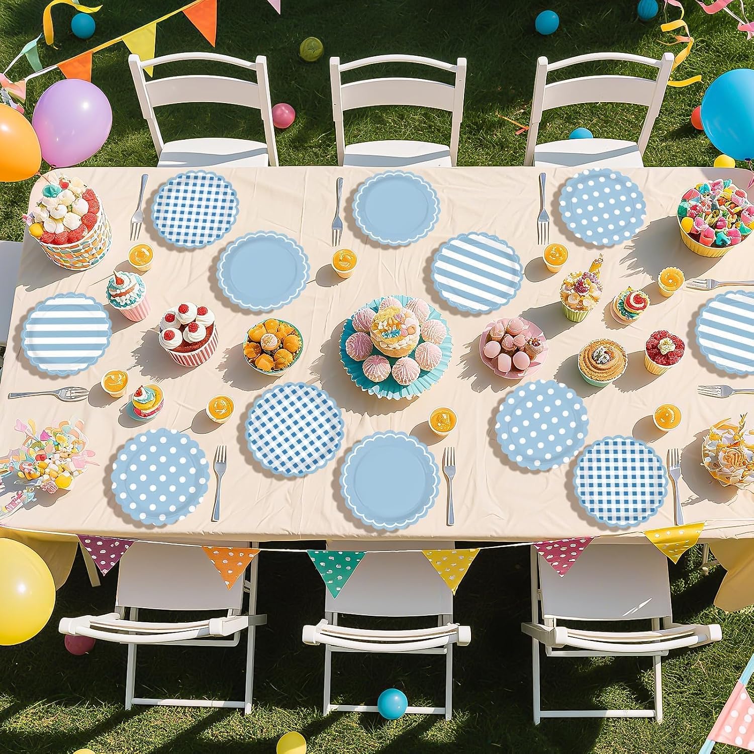 60Pcs Blue Gingham Paper Plates 9'' Heavy Duty Scalloped Striped Dessert Cake Paper Plates Disposable Baby Light Blue Plaid Platters for Spring Picnic Wedding Birthday Party Decorations