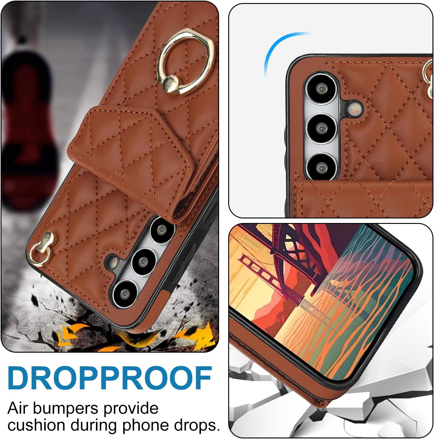 Phone Case for Samsung Galaxy S24 5G Wallet Cover with Tempered Glass Screen Protector Crossbody Wrist Strap Ring Stand RFID Blocking Credit Card Holder Cell S 24 24S G5 SM-S921U Women Men Girls Brown