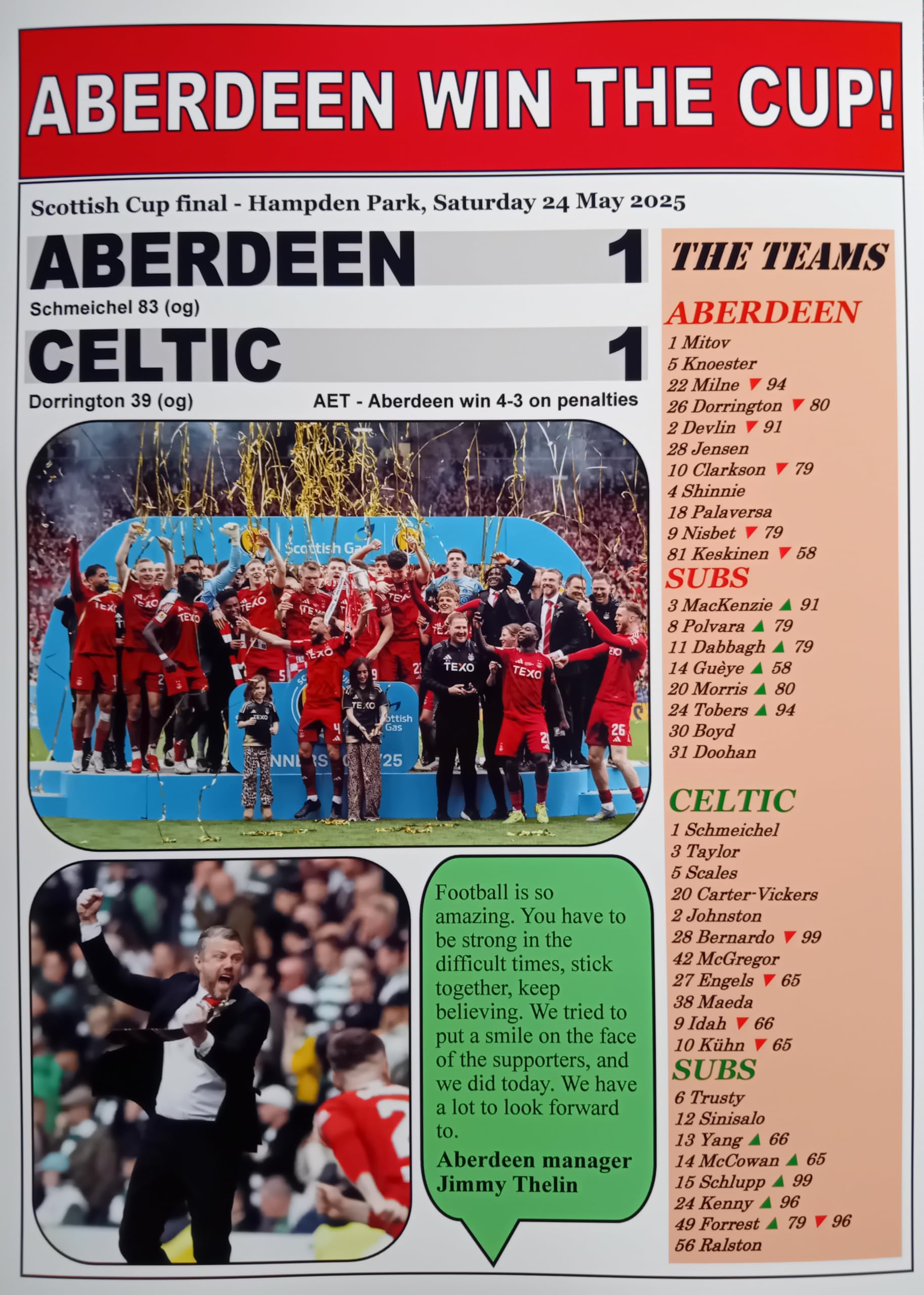 Assorted Multicoloured Aberdeen 1 Celtic 1 - Aberdeen Win 4-3 On Penalties - 2025 Scottish Cup Final - Souvenir Print