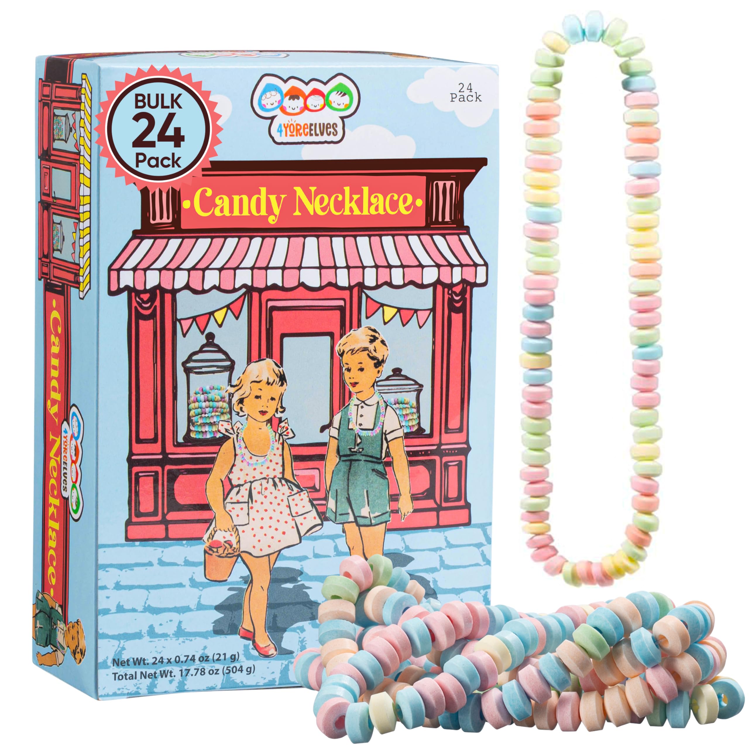 24 Pack of Candy Necklaces Individually Wrapped, Choker Style, Nostalgic Pastel Candy Jewelry Perfect for Party Favors, Pinata Fillers and Goodie Bags, Packed in a Convenient Display Box, By