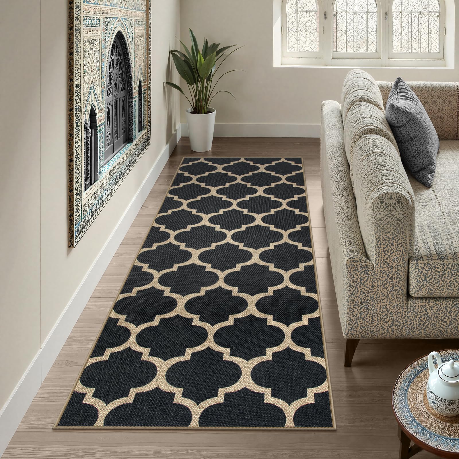 Lahome Moroccan Easy Jute Runner Rug 2x6, Black Washable Runner Rugs for Outdoor Porch Kitchen, Geometric Trellis Woven Long Carpet for Laundry, Thin Non Slip Farmhouse Porch Decor 2' x 6' (