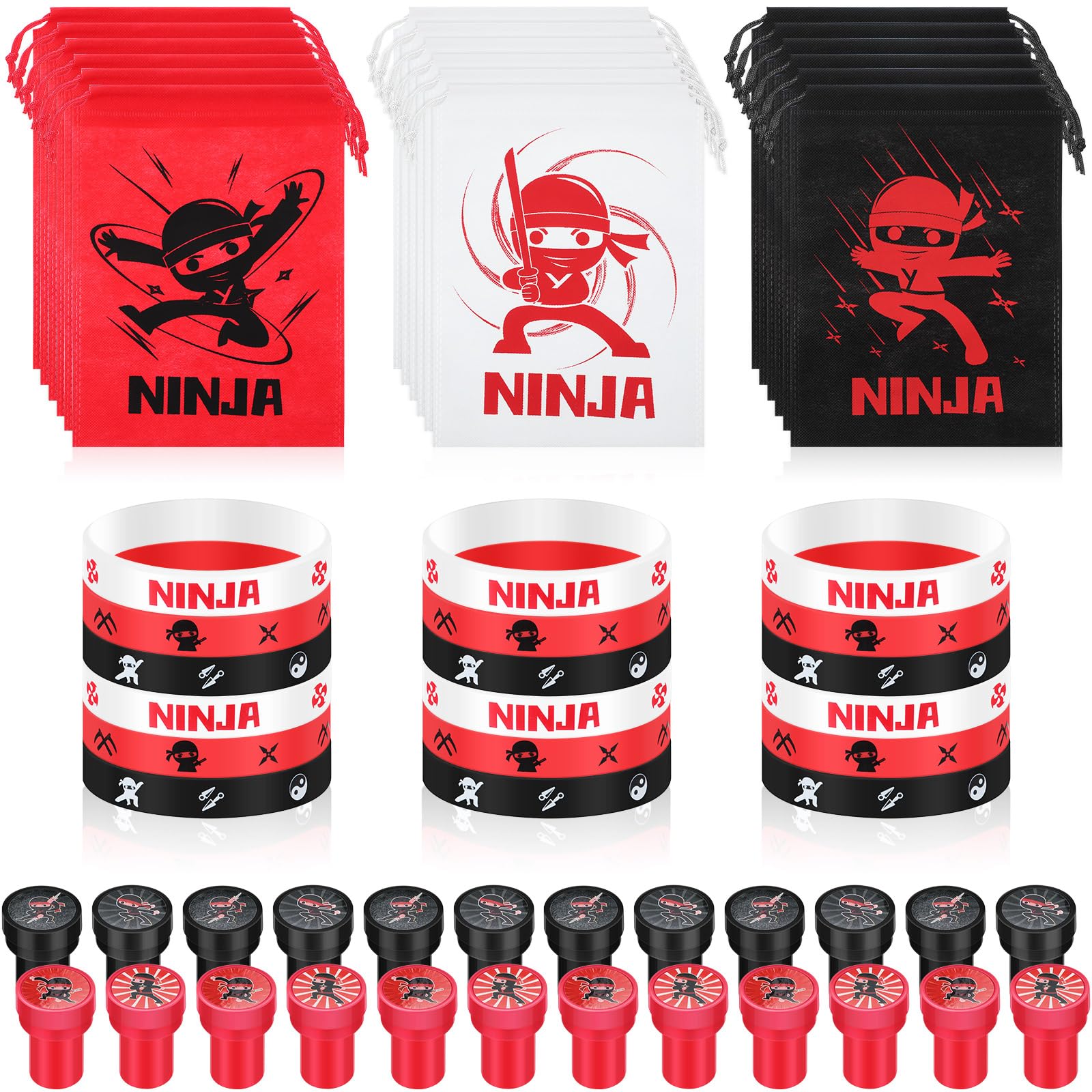 CHENGU 60 Pcs Ninja Party Favors Include 24 Stamp 18 Karate Goodie Drawstring Bag 18 Silicone Wristbands for Ninja Birthday Party Supplies Rewards Gift Decoration