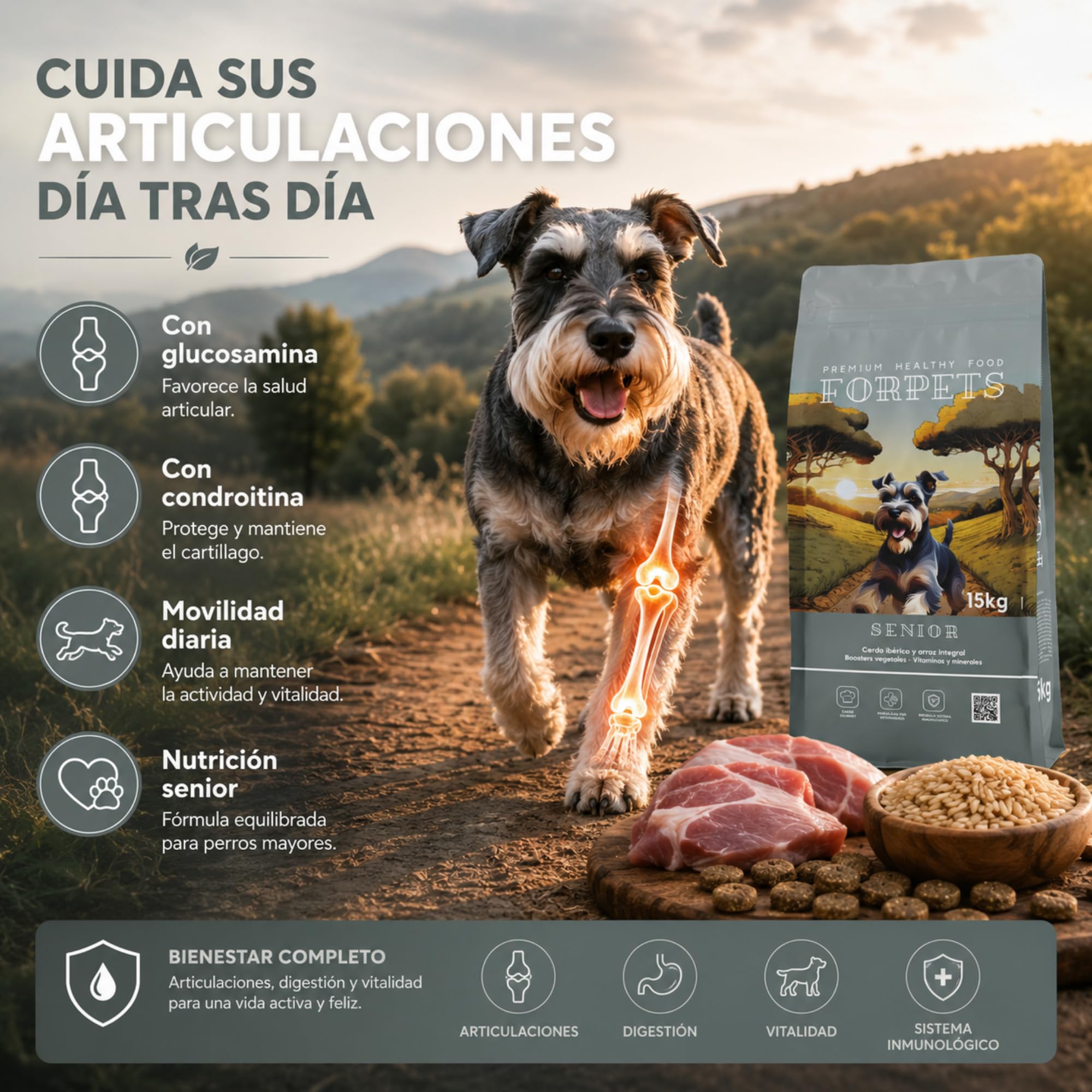 Pienso Senior para Perros Mayores 15 kg | Articulaciones con Glucosamina y Condroitina | Digestión Sensible, Piel Sensible | Razas Medianas y Grandes | Cerdo Ibérico y Sin Gluten | FORPETS