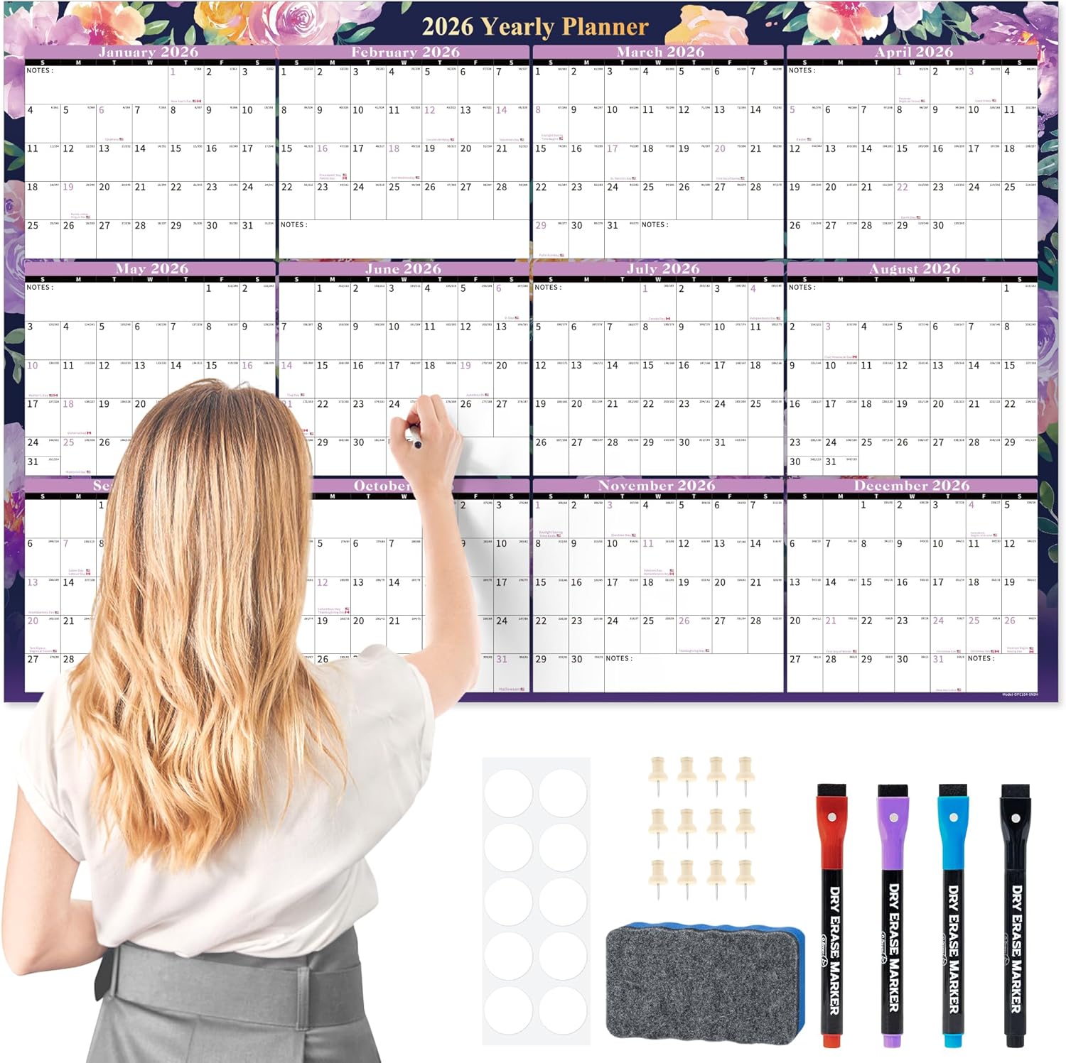 Ospelelf 2026-2027 Dry Erase Wall Calendar 32x48'' Large Laminated Yearly Planner for Family Office Classroom Floral