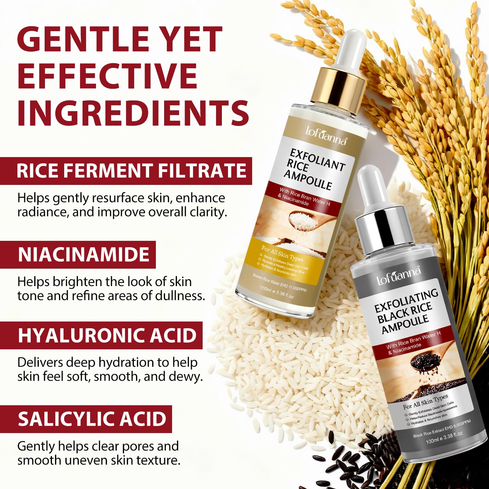 Sérum Exfoliant Visage au Riz Blanc 100ml + Riz Noir 100ml, Peeling Visage Doux AHA BHA VB3, Élimine Peaux Mortes, Affine le Grain de Peau, Réduit Pores, Éclat & Hydratation, Soin Coréen,Toute la Peau