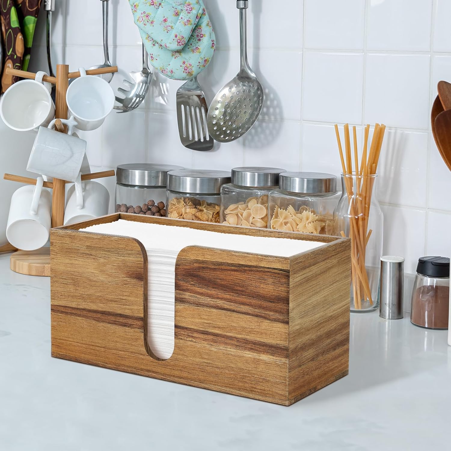 2PCS Paper Towel Dispenser Countertop, Acacia Wood Paper Towel Holder for Bathroom Folded Paper Towel Dispenser Clear Trifold Napkin Holder for Z-fold C-fold MultiFold Trifold - Home Kitchen