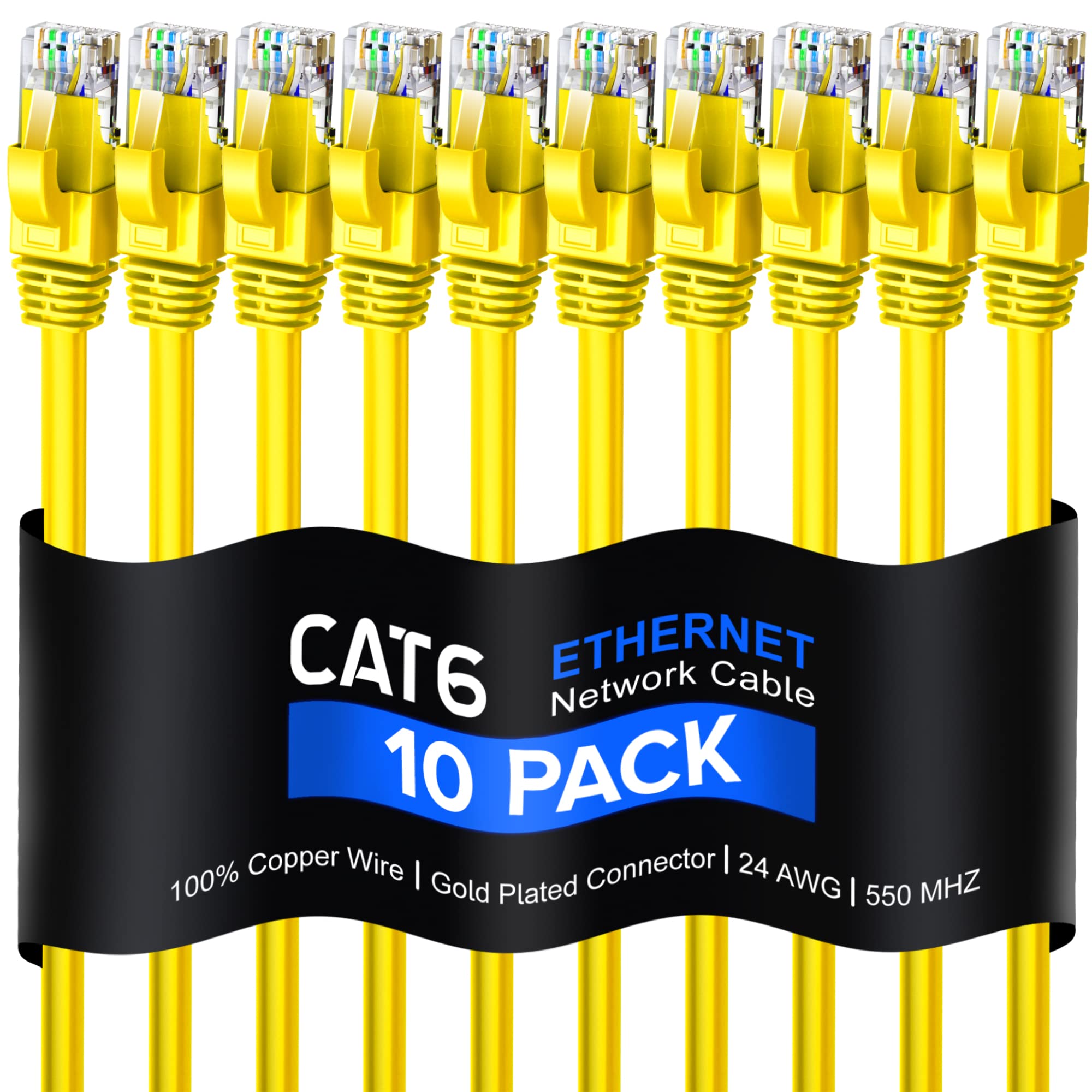 Maximm Cat 6 Ethernet Cable 12 Ft, 100% Pure Copper, (10 Pack) LAN Cable, Patch Cable and Network Cable - UTP (Yellow) 12 Feet