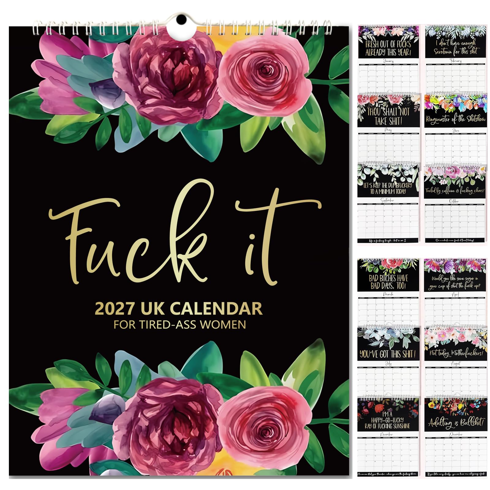 DONGTATA Calendar 2027 UK - 2027 Wall Calendar for Tired-Ass Women, Skylight Calendar 2027 UK, Swear-Funny Gift for Women (Black)