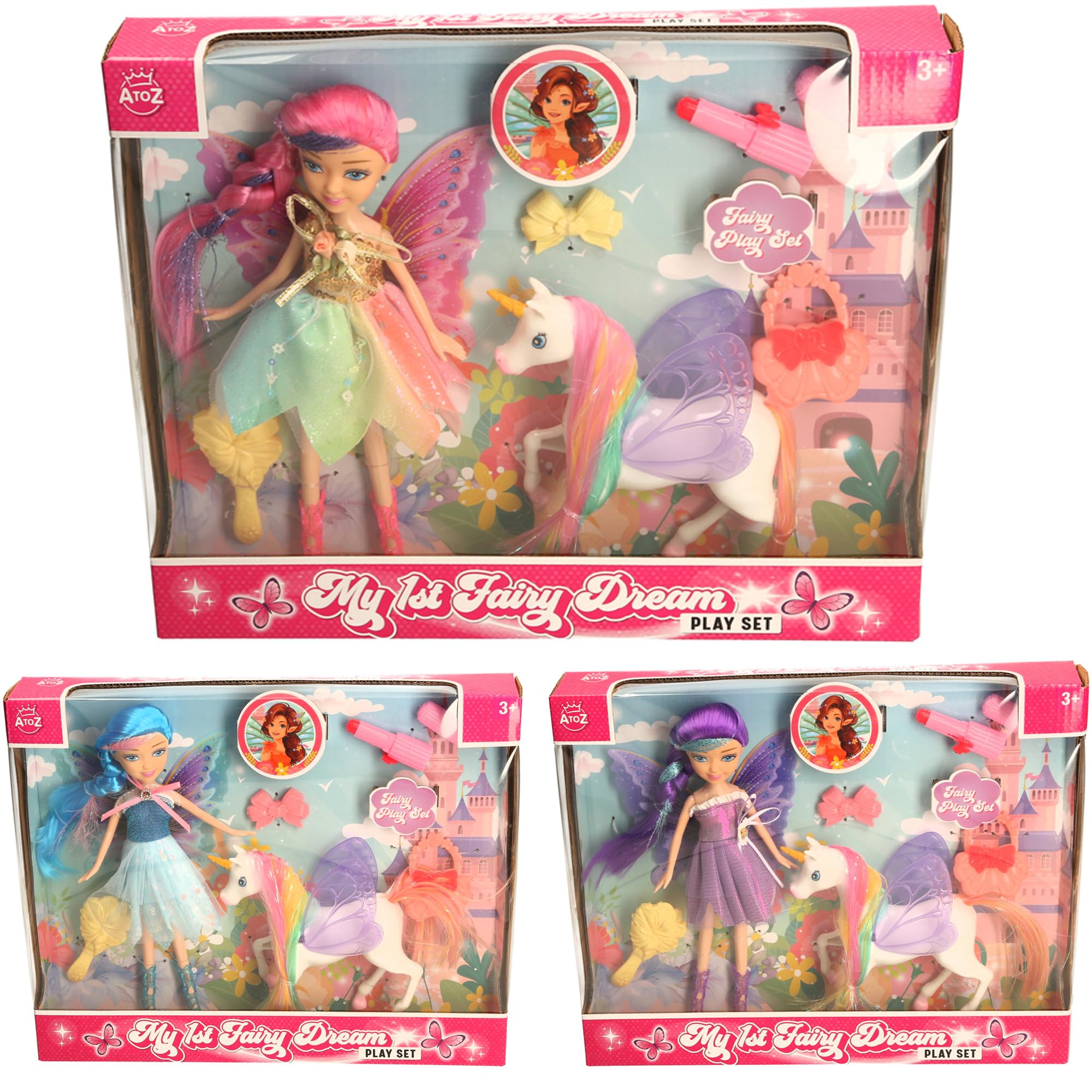 AtoZ My 1st Fairy Dream Play Set with Magical Fairy Doll, Rainbow Unicorn, and Castle Accessories, Ages 3+, Pink, Purple, Blue Variants