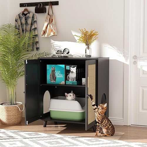 Miniatura 2 de Lovinouse Caja de arena para gatos muebles de baño ocultos para gatos con puertas cubiertas de sisal gabinete de madera de 2 capas con estante