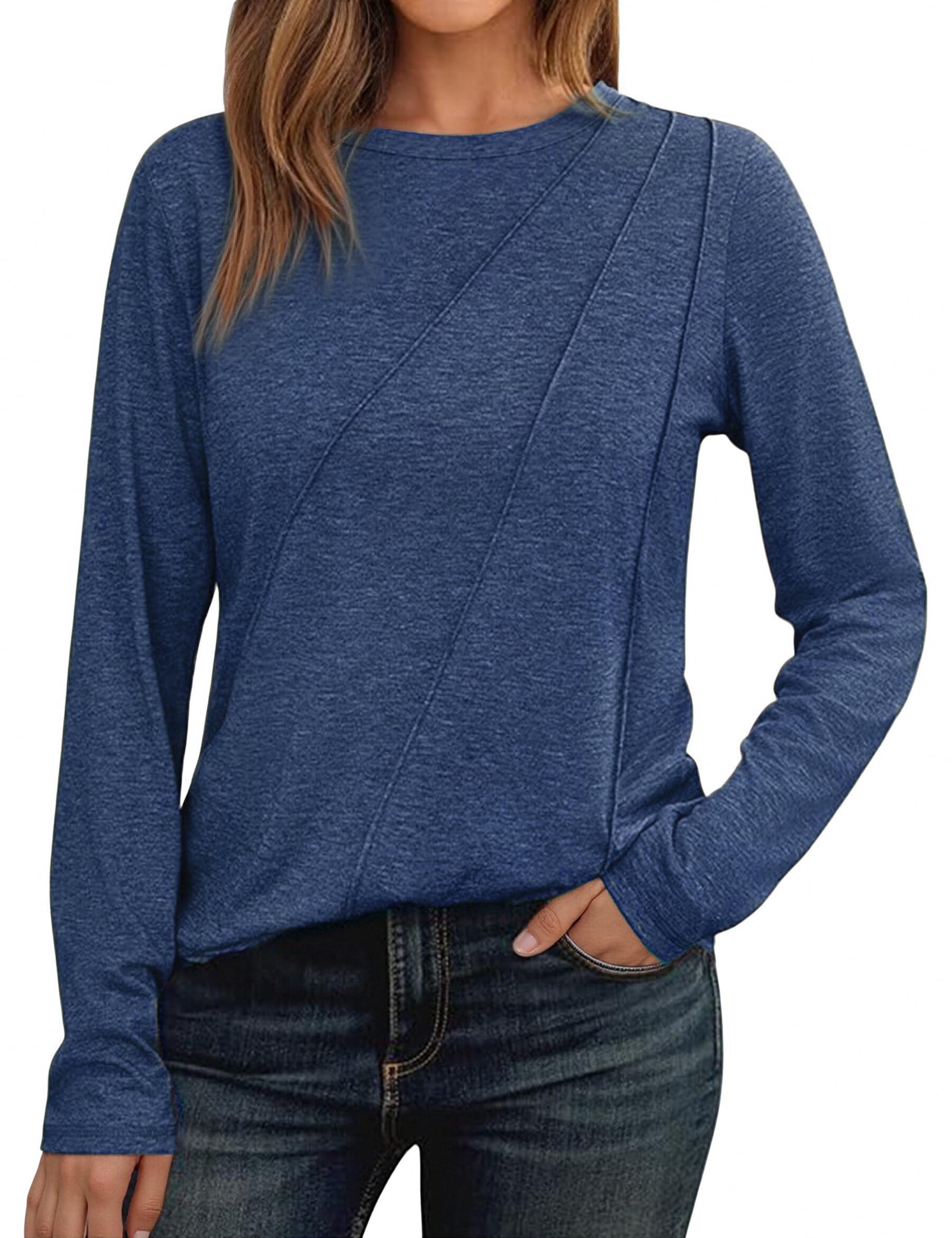 Demegimi Damen Langarmshirt Elegant Locker Rundhals Oberteile Casual Falten Longshirt Einfarbig Bluse Tops Herbst Tunika