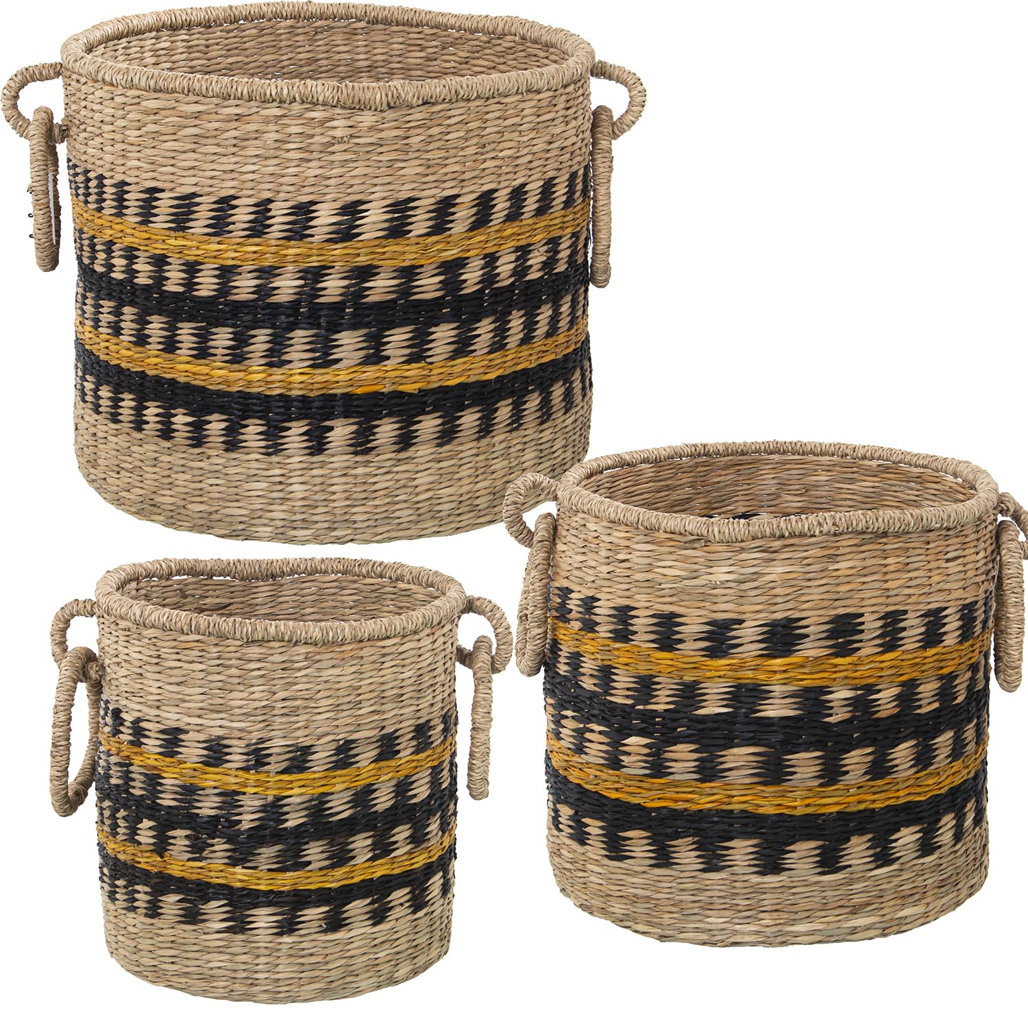 Paniers en herbe de mer 38 33 27 cm set de rangement tricolore jaune noir naturel pour maison