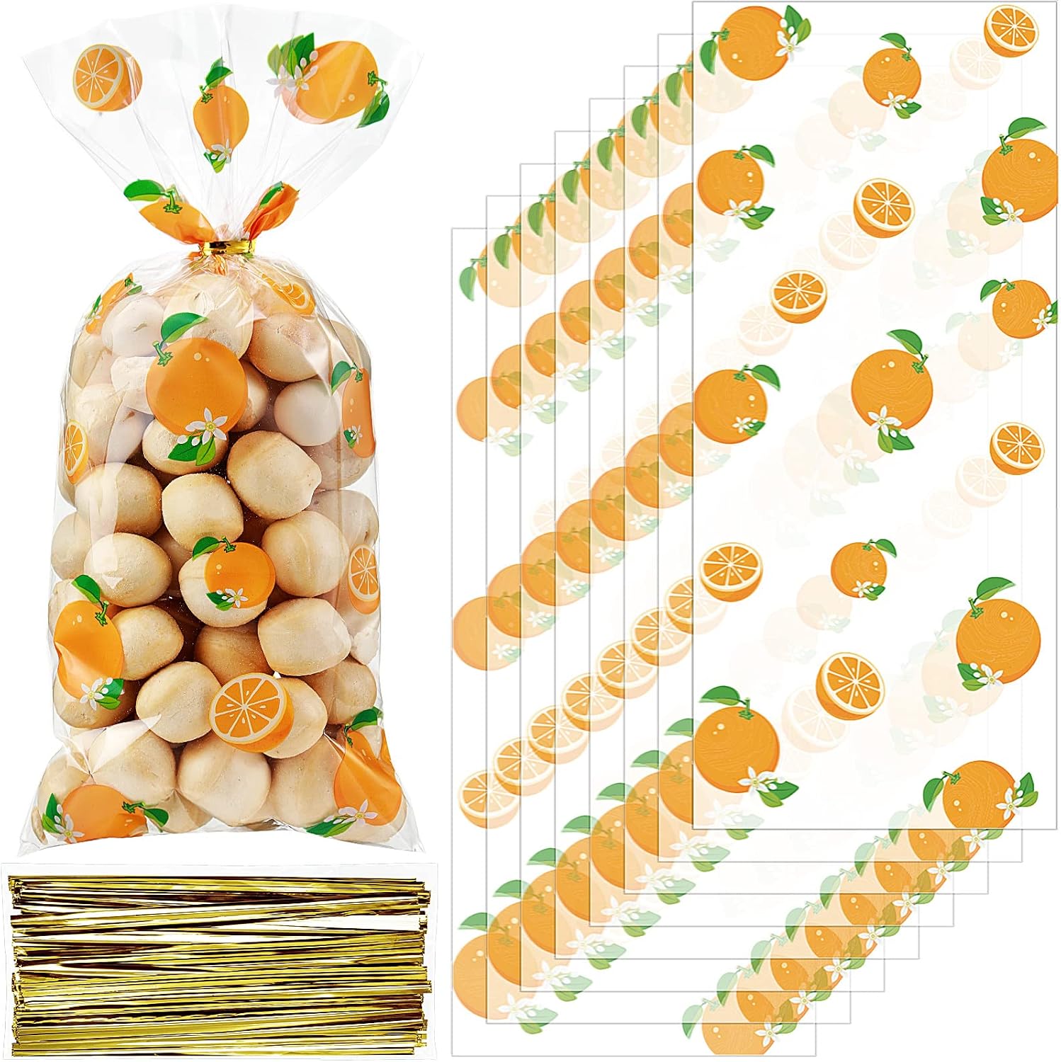 Pajean 100 Pcs Little Cutie Baby Shower Bags Orange Party Plastic Cellophane Candy Treat Bag with 100 Gold Twist Ties for Cookie Snack for Summer Themed Birthday Party Favor