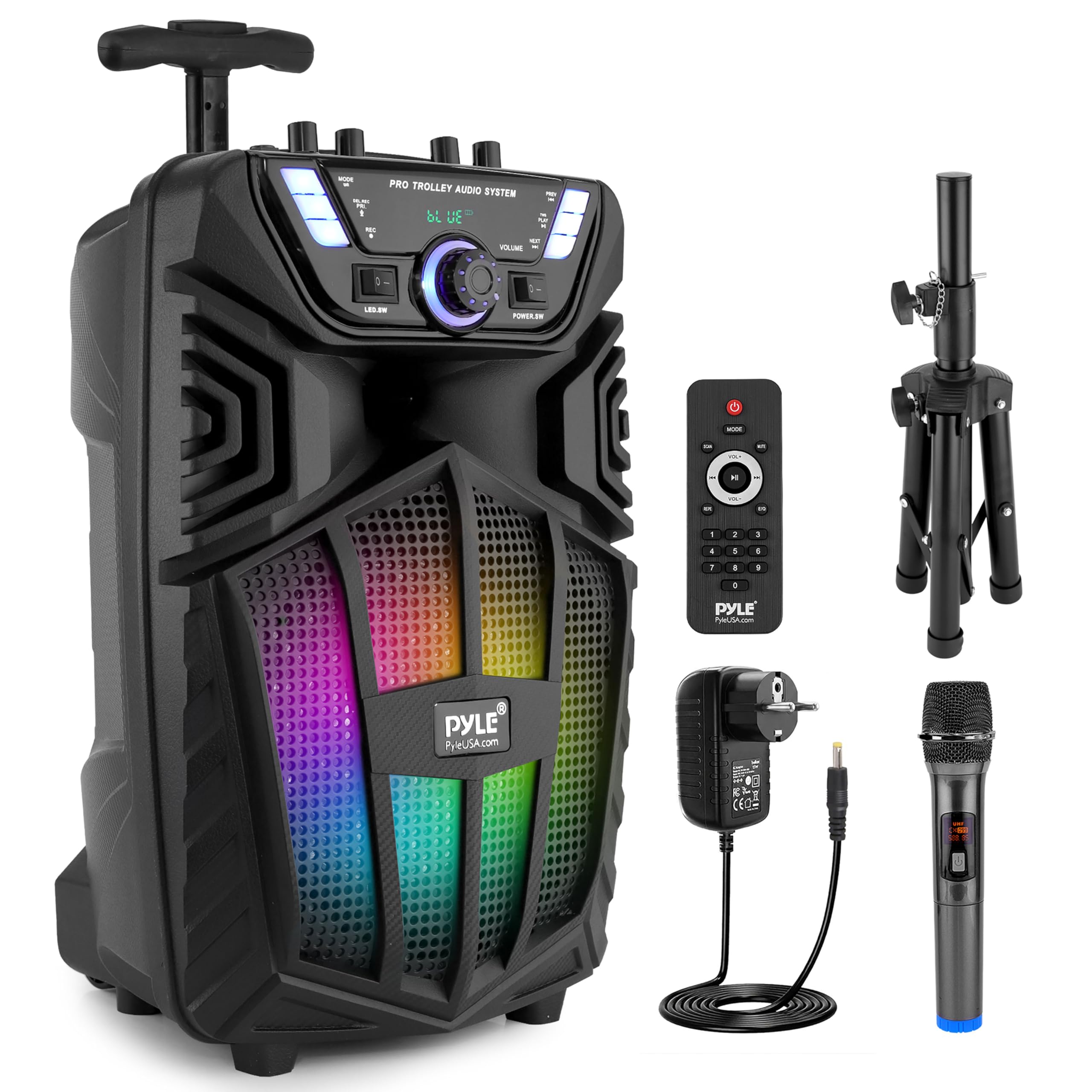 Pyle Cassa Bluetooth Portatile 480W Altoparlante Bluetooth 20,3 cm con Microfono Wireless, Ruote, TWS, Luci LED, Display, Ingressi 6,35 mm, FM/AUX/MP3/USB/SD