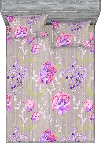 Miniatura 47 de Ambesonne Floral Fitted Sheet & Pillow Sham Set, Retro Wave Inspired Flower Motif with Space Inspired Effects Print, Decorative Printed 3 Piece Dark