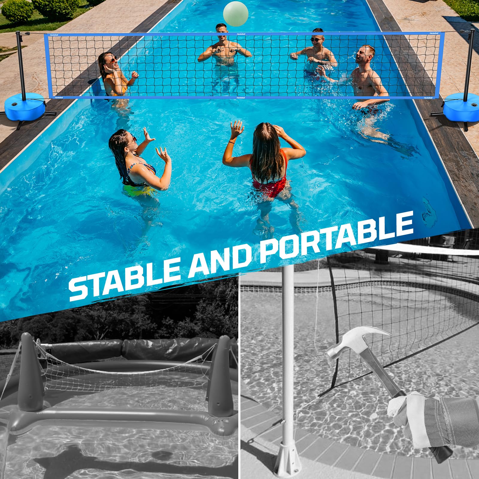 Haokelball Rete da pallavolo da piscina con luce, set da pallavolo da 4,5 a 9,5 m, lunghezza regolabile, rete da pallavolo per piscina con base ponderata, 2 palline da pallavolo Glow e pompa per