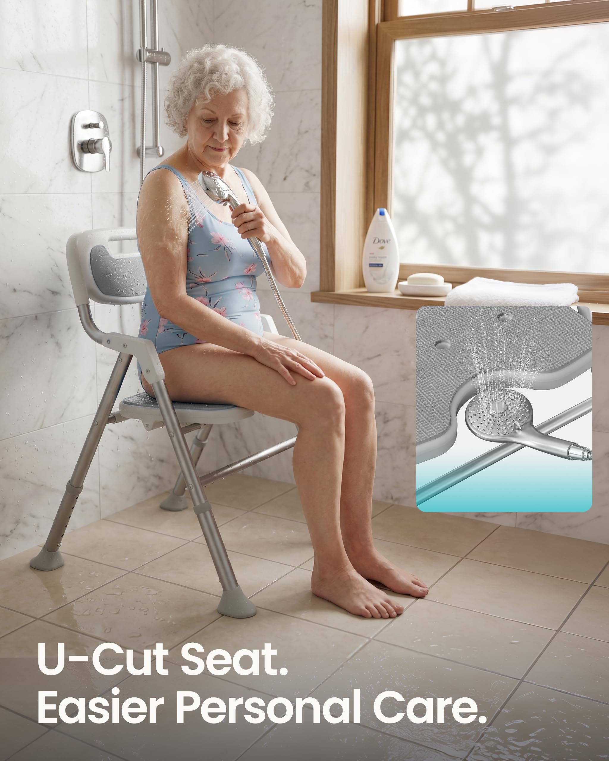 Silla de ducha para ducha interior con brazos y respaldo, asiento de baño plegable para ancianos y discapacitados con altura ajustable, taburete de baño de seguridad resistente de 400 libras