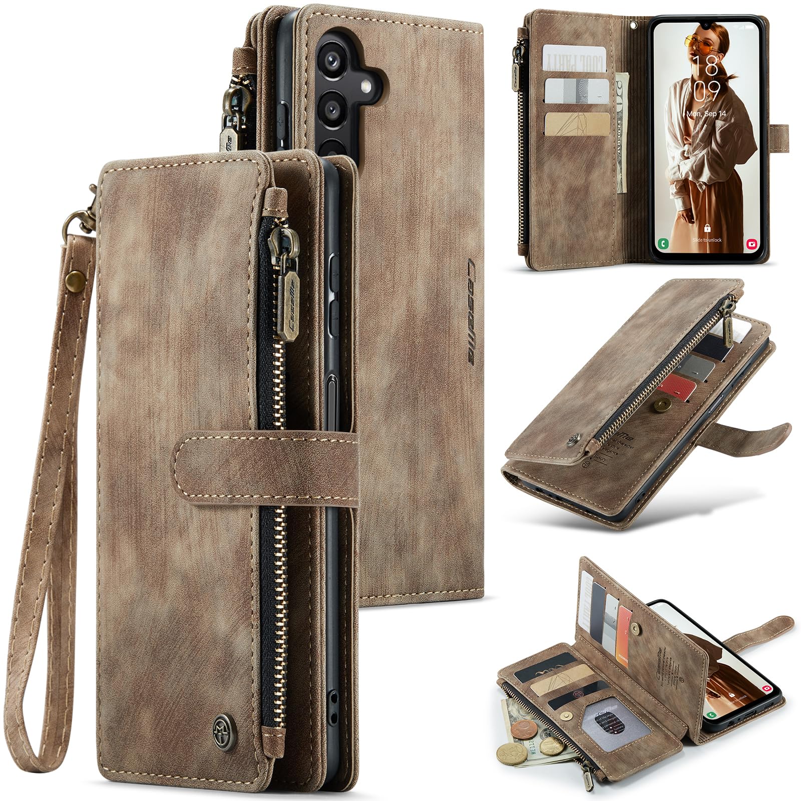 UEEBAI Funda tipo cartera para Samsung Galaxy A15 4G/5G, funda de piel sintética hecha a mano de primera calidad, ranuras para tarjetas, cierre magnético, bolsillo con cremallera, función atril, funda