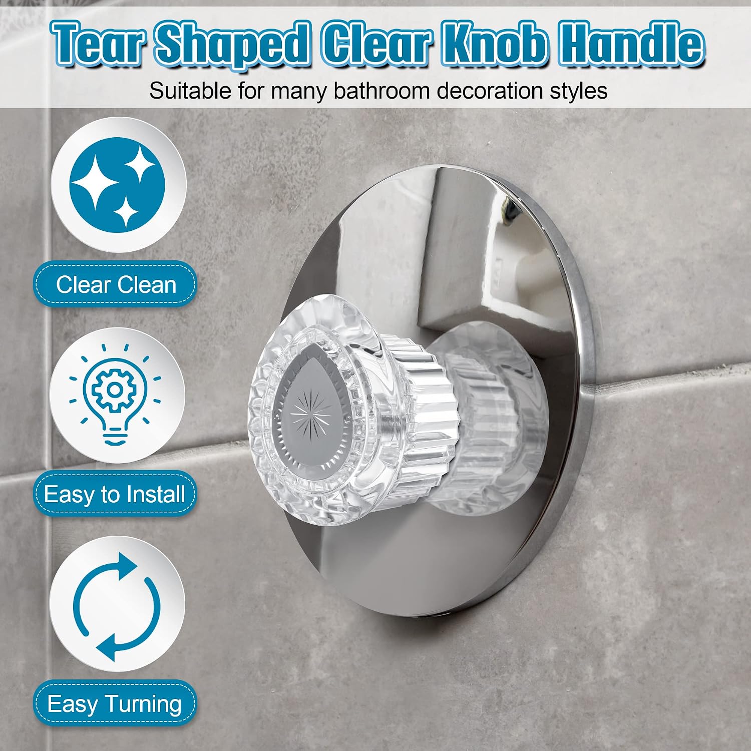 4 Pack Shower Knob Replacement Compatible with Moen 100710 Faucet Handle | Compatible with 1222/1222B Cartridge Stems, Clear Faceted Grip, Easy-Read C/H Insert, Chrome-Finish Center, Easy Installation