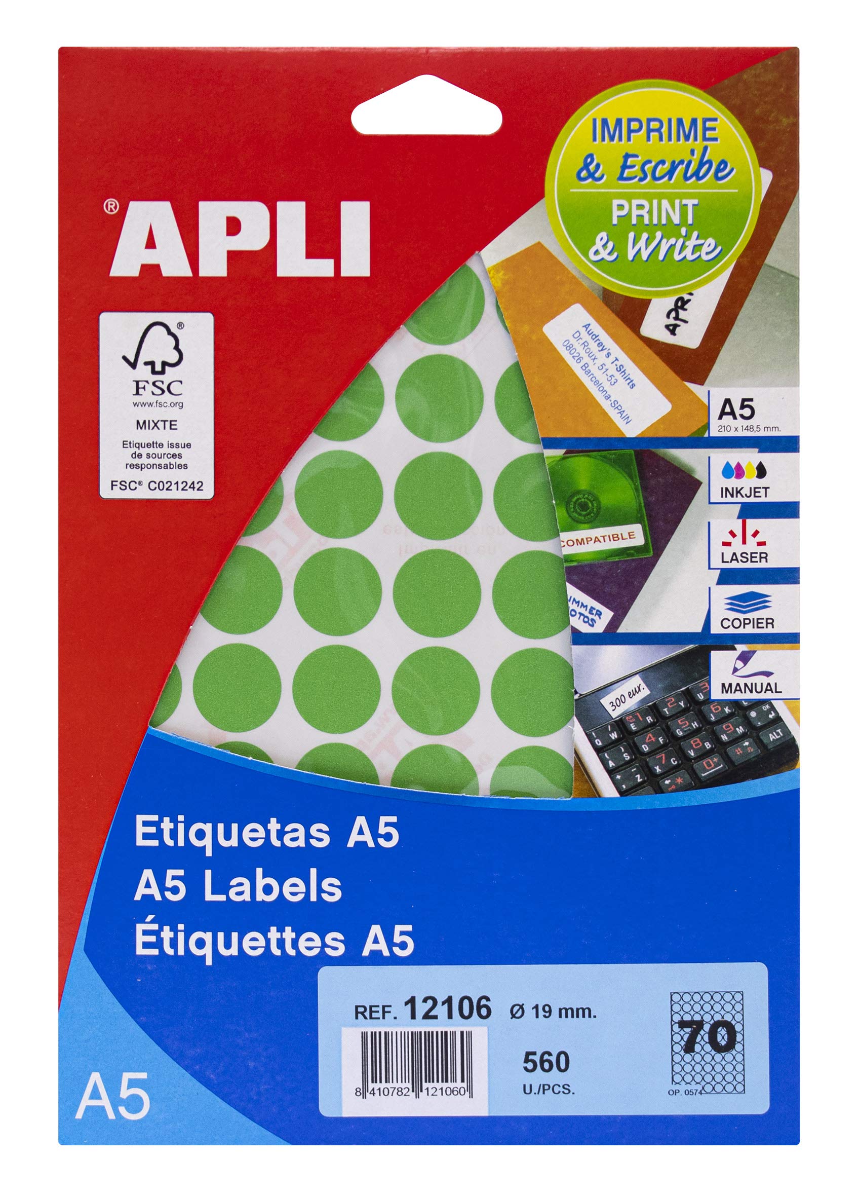 APLI 12106 – A5 Labels Green Ø 19 mm 8 Sheets