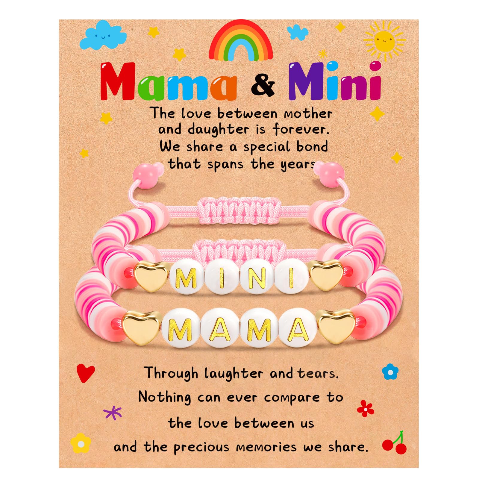 GLITTO Mom Daughter Gifts, 2ps Matching Beaded Heart Bracelets Jewelry for Mother Daughter/Mommy and Me/Mama Mini