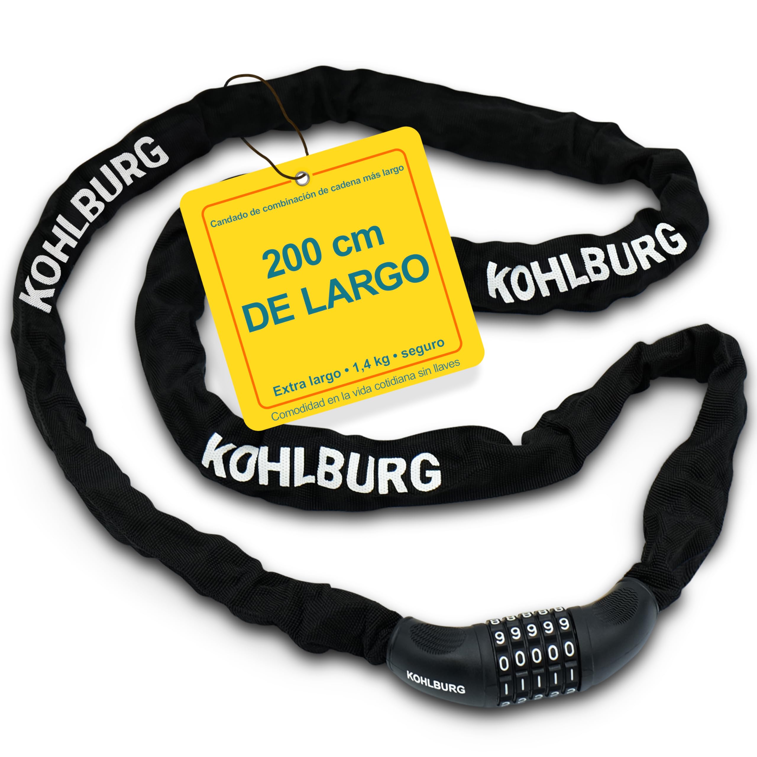 KOHLBURG Candado de combinación 200 cm, en acero especial de 6 mm, Antirrobo de bici de 2 m con código numérico, Antirrobo de cadena extra largo de 200cm, combinación numérica para e‑bike, e‑scooter