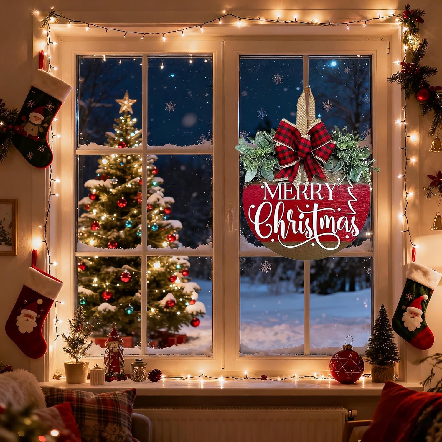 Christmas Wreaths for Front Door, Merry Christmas Door Hanger Sign Decor