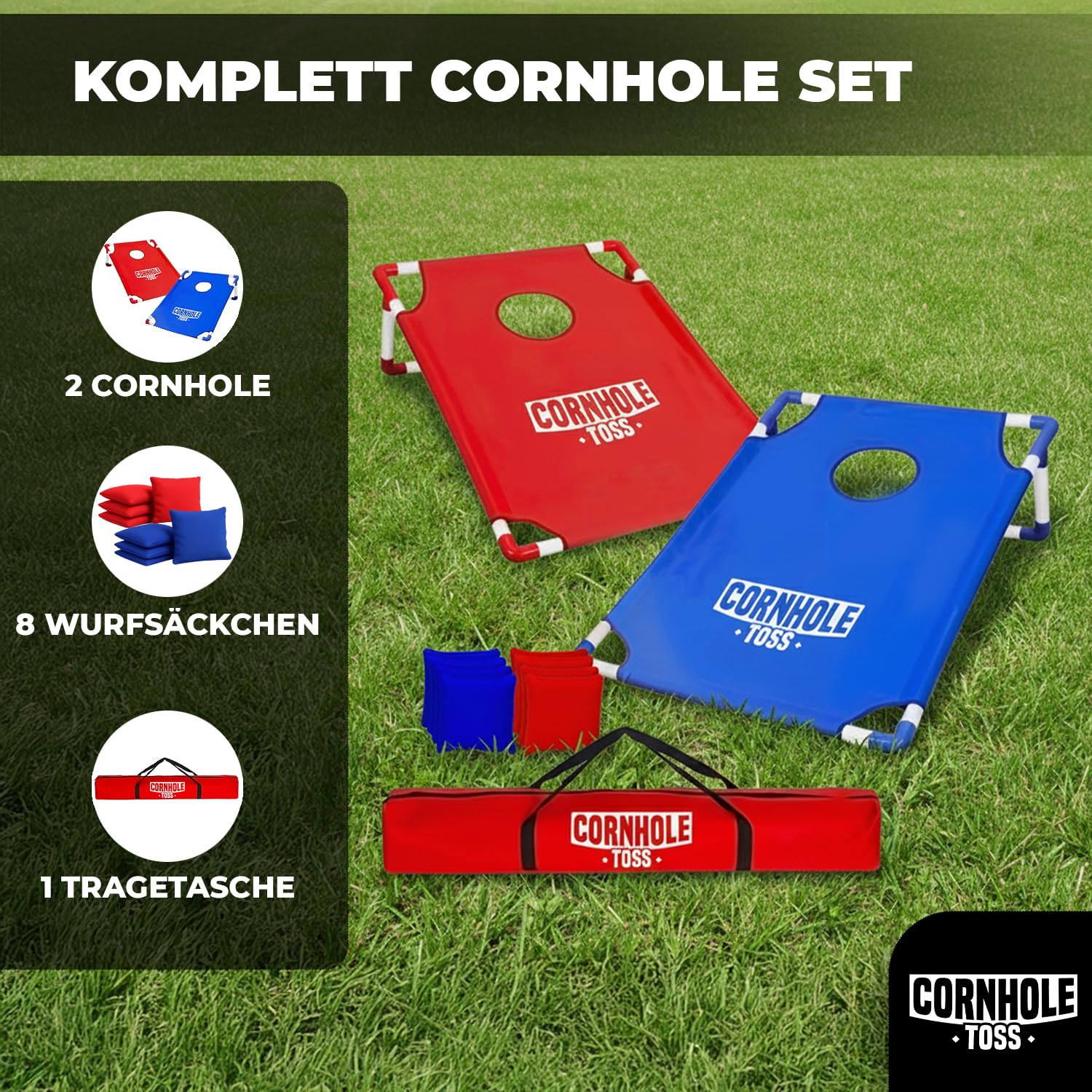 Cornhole Toss – Leicht & Faltbar aus Stoff 90×60 cm – Set mit 2 Boards + 8 Säcken + Tragetasche – Wurfspiel für draußen, Garten, Events – Original Corner