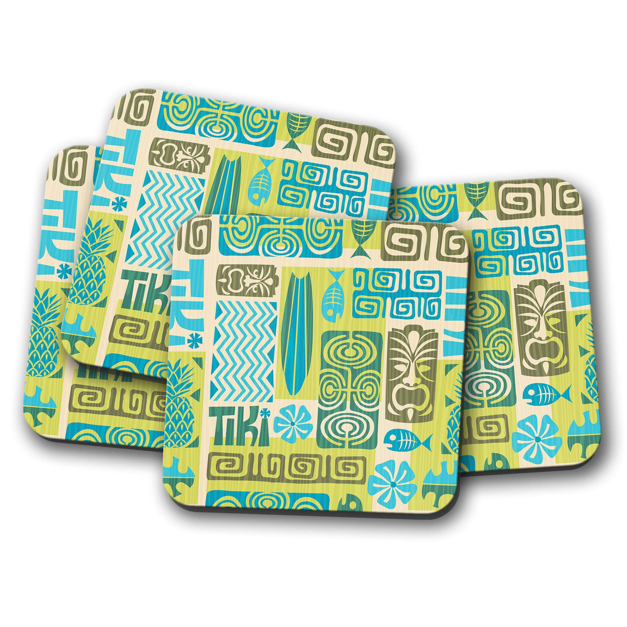 Destinationvinyl Multicolor 4 Set - Surf Coaster - Fun Tiki Surfer Surfing Hawaiian Blue #14380