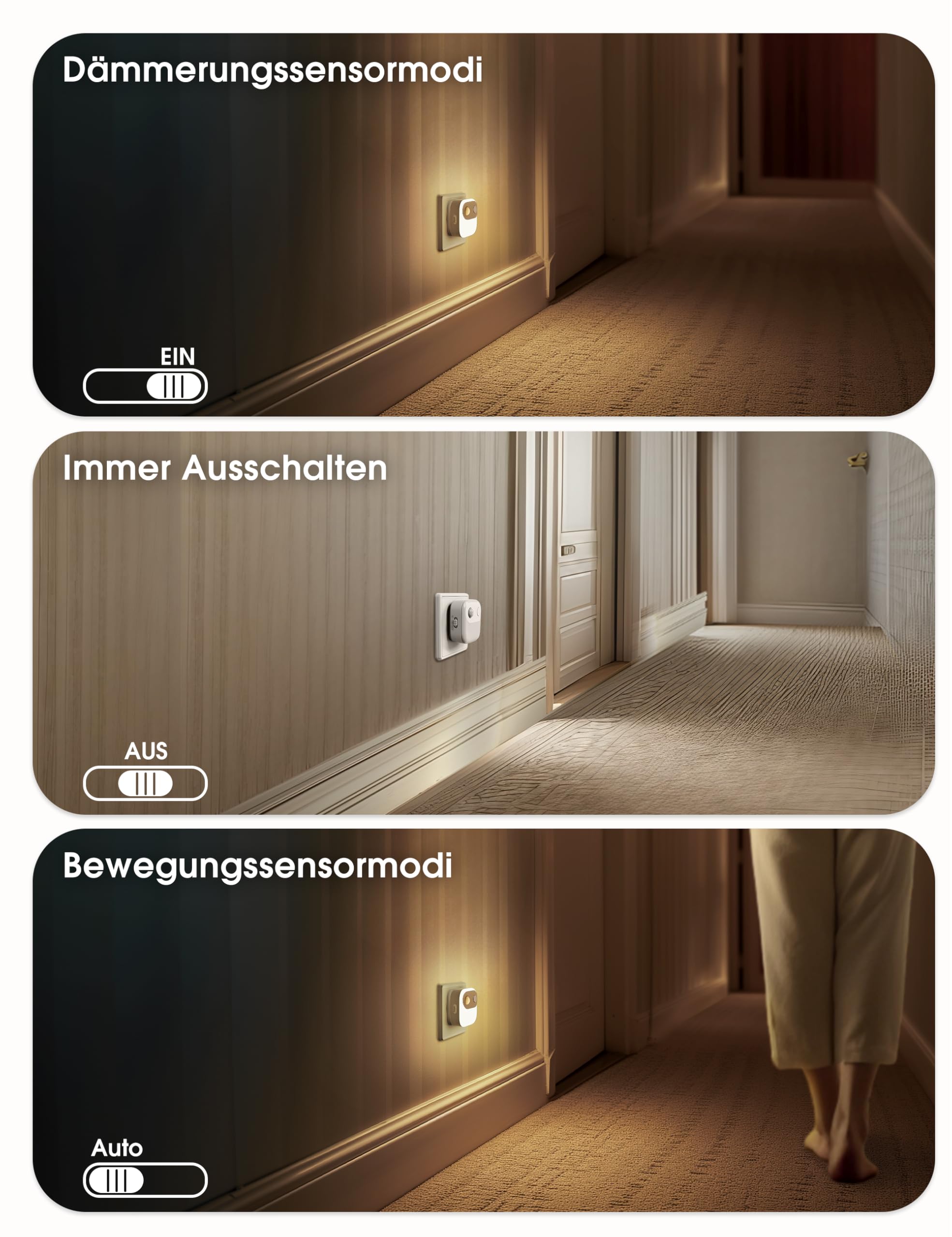 Emeritpro Luz nocturna enchufe con sensor de movimiento y crepuscular | brillo ajustable 30/60/100 Lm, 3000 K blanco cálido Luz nocturna para niños, ideal para escaleras, 4 Unidades