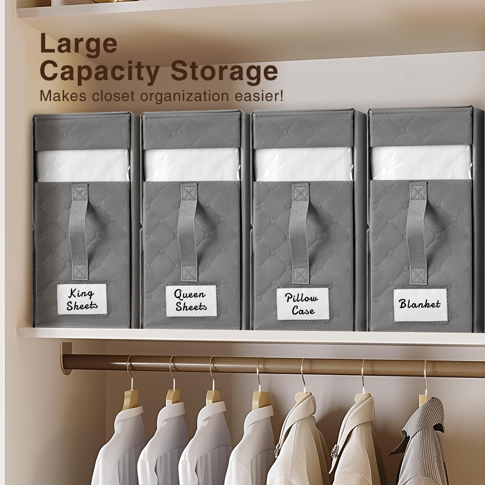 IKOLYS Set di biancheria da letto organizer per lenzuola (queen o king size) confezione da 4 contenitori pieghevoli per copripiumini, organizer per armadio con cerniera in tessuto, organizer per