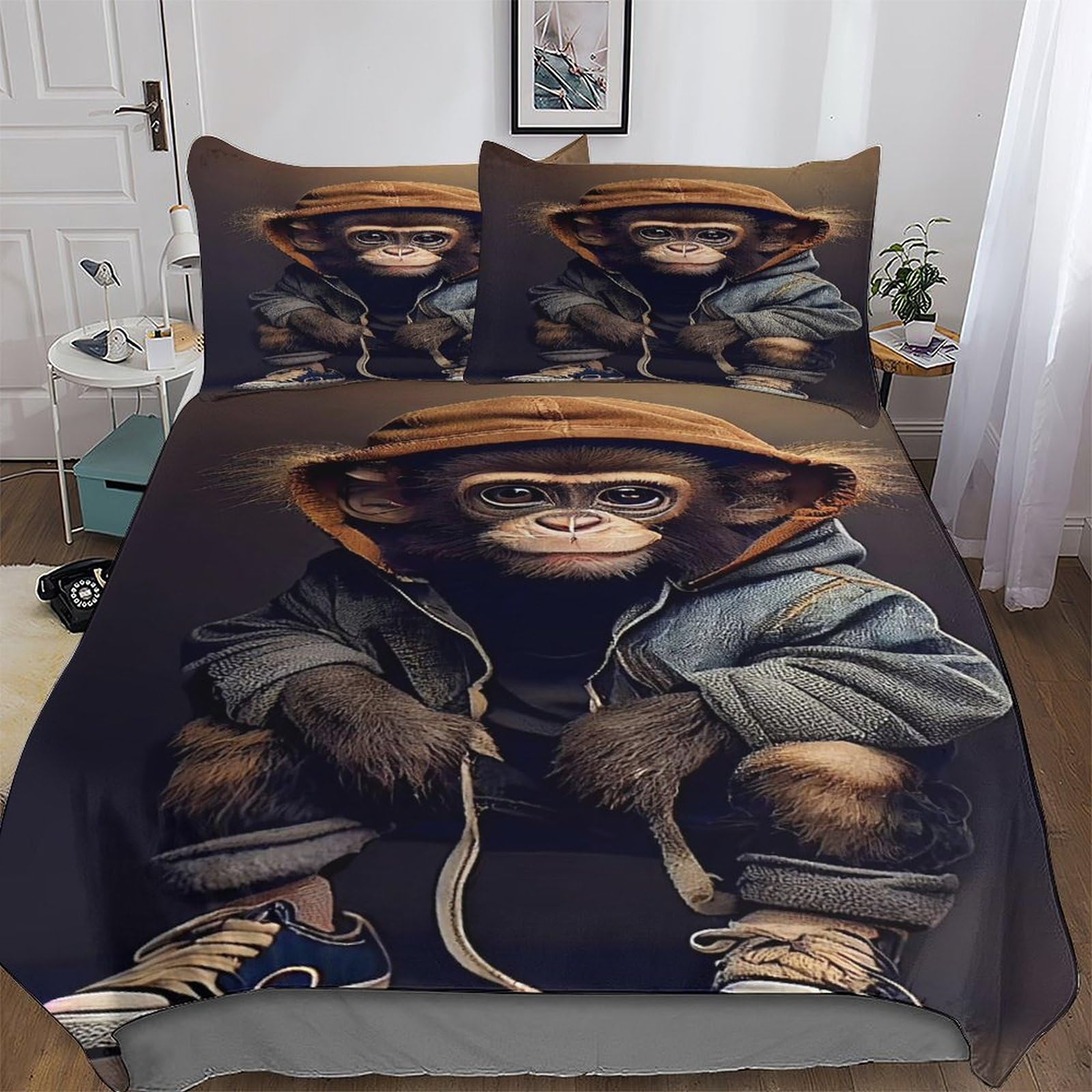 Housse de couette singe 200x200 cm en microfibre avec 2 taies d'oreiller