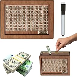 10000€ Tirelire en Bois, Réutilisable Numérique Tirelire avec Objectif D'épargne et Marqueur, Coffret D'épargne en Bois pour Aider Enfants à Commencer à Economiser