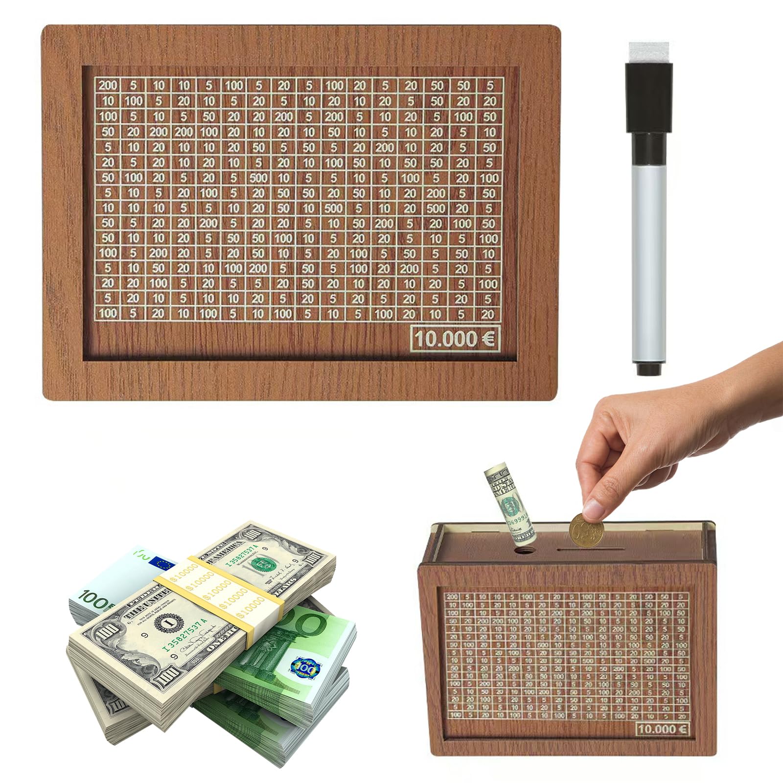 10000€ Tirelire en Bois, Réutilisable Numérique Tirelire avec Objectif D'épargne et Marqueur, Coffret D'épargne en Bois pour Aider Enfants à Commencer à Economiser - 2