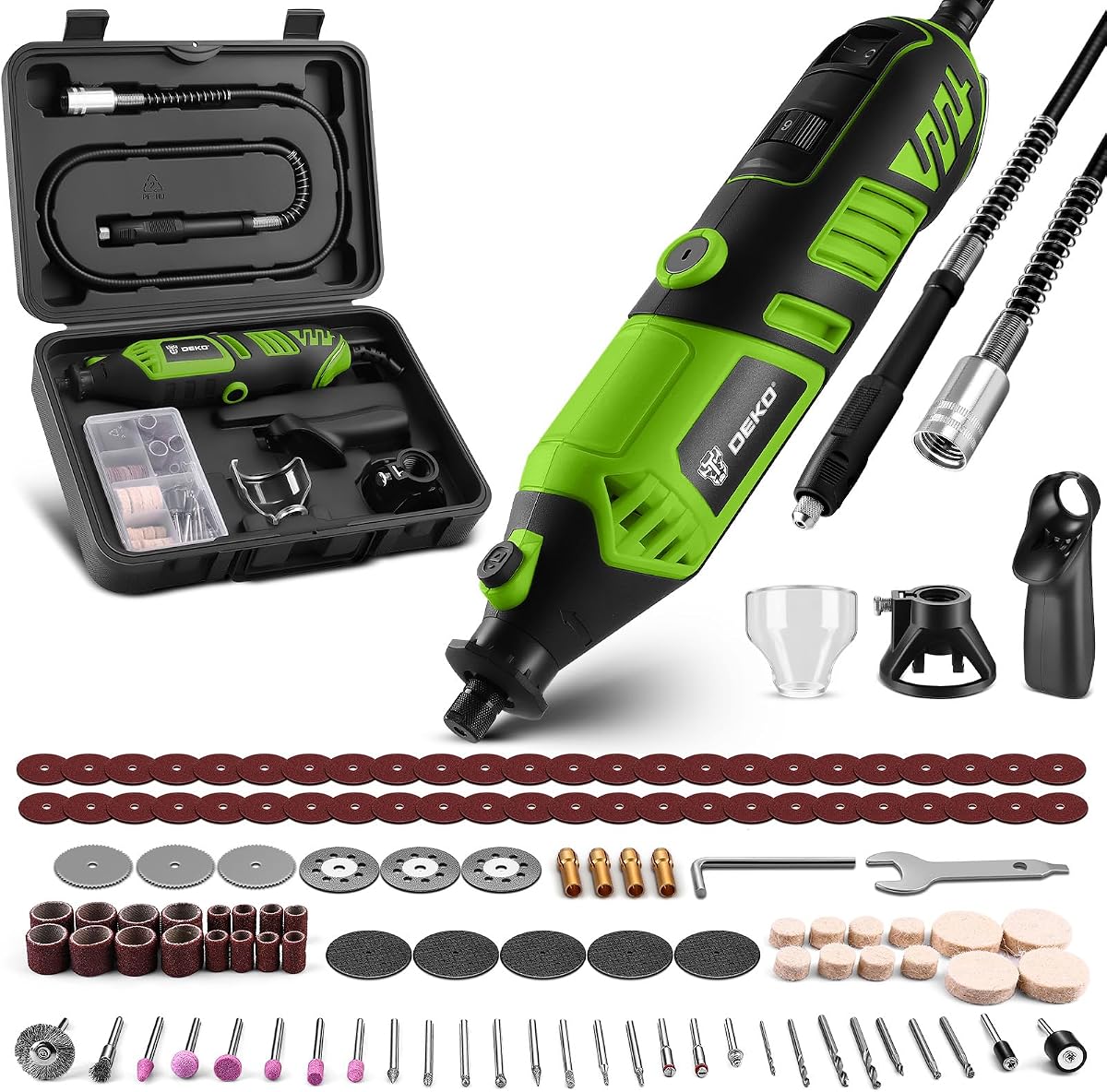 DEKOPRO Rotary Tool Kit, 1.5-Amp Corded Power Rotary Tools with 42" Flex Shaft, 6 Variable Speed, 8,000-35,000 RPM, 129 Pcs Accessories Kit for Cutting, Sanding, Grinding, Carving & DIY Projects Green