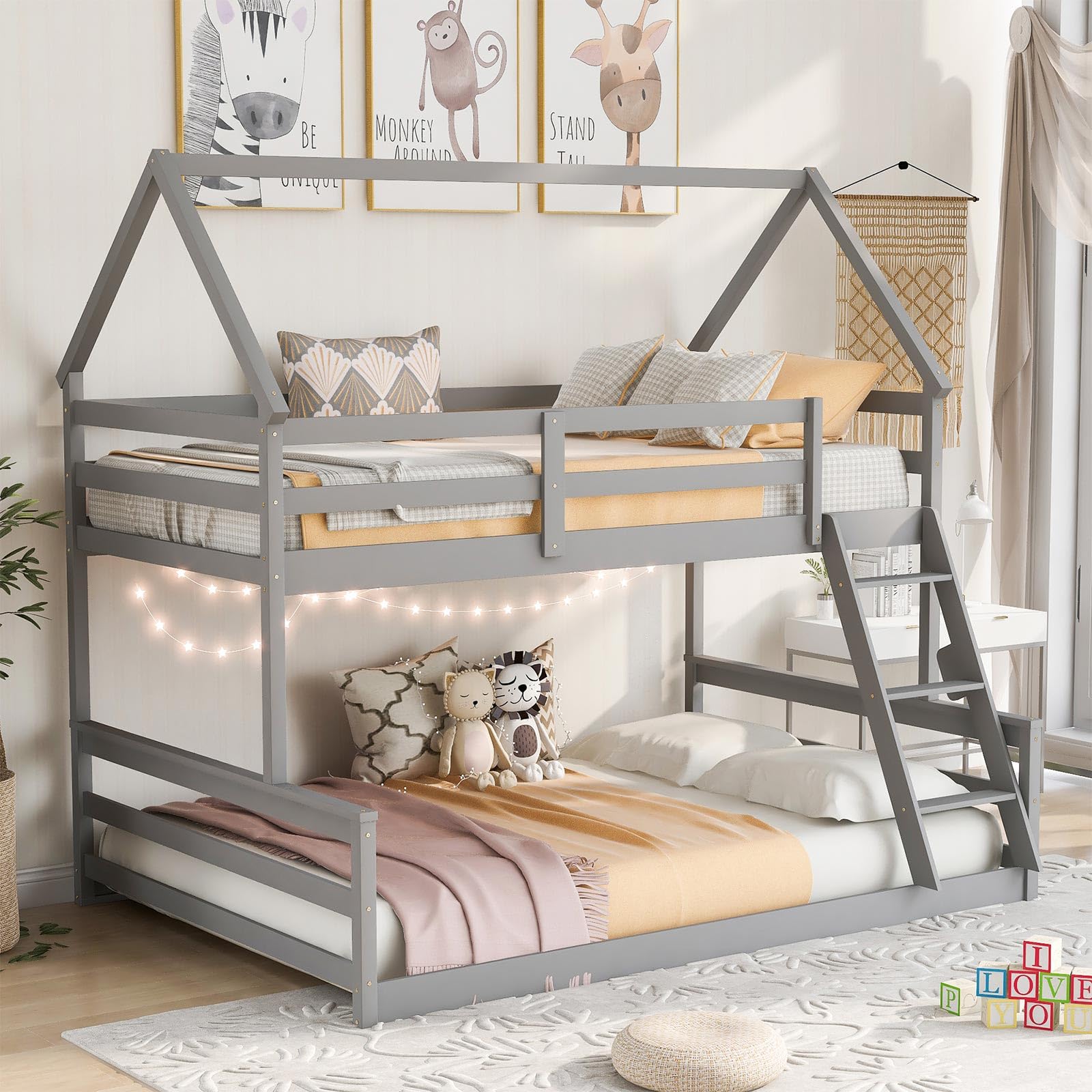 (only 1 box) Appot AT-WF287558AAE Twin Over Full Bunk Bed with Built-in Ladder, House Shaped Pine Bunkbeds W/Safety Guardrail, No Box Spring Needed,Perfect for Kids Bedroom, Gray
