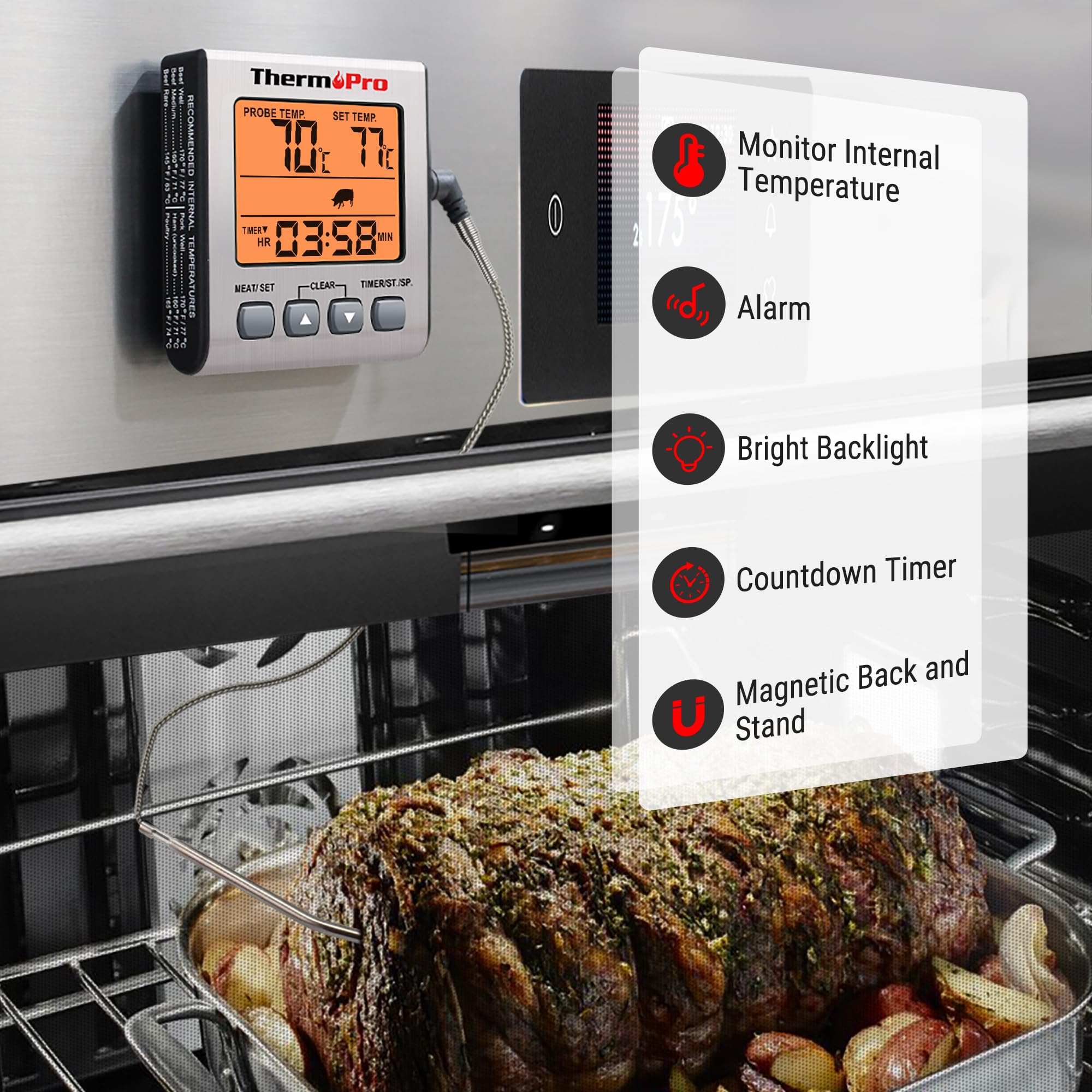 ThermoPro TP16S Termometro digitale per carne, ottimo per grigliare e barbecue, con modalità timer intelligente e retroilluminazione