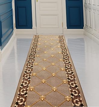 CreativeDeco Custom Made Runner Rug Low Pile with Rubber Backing for Kitchen Foyer Hallway Entry Choose Your Length Size 26 Inch Wide Fleur De Lis French Design Beige Color 2 feet x 26 inch