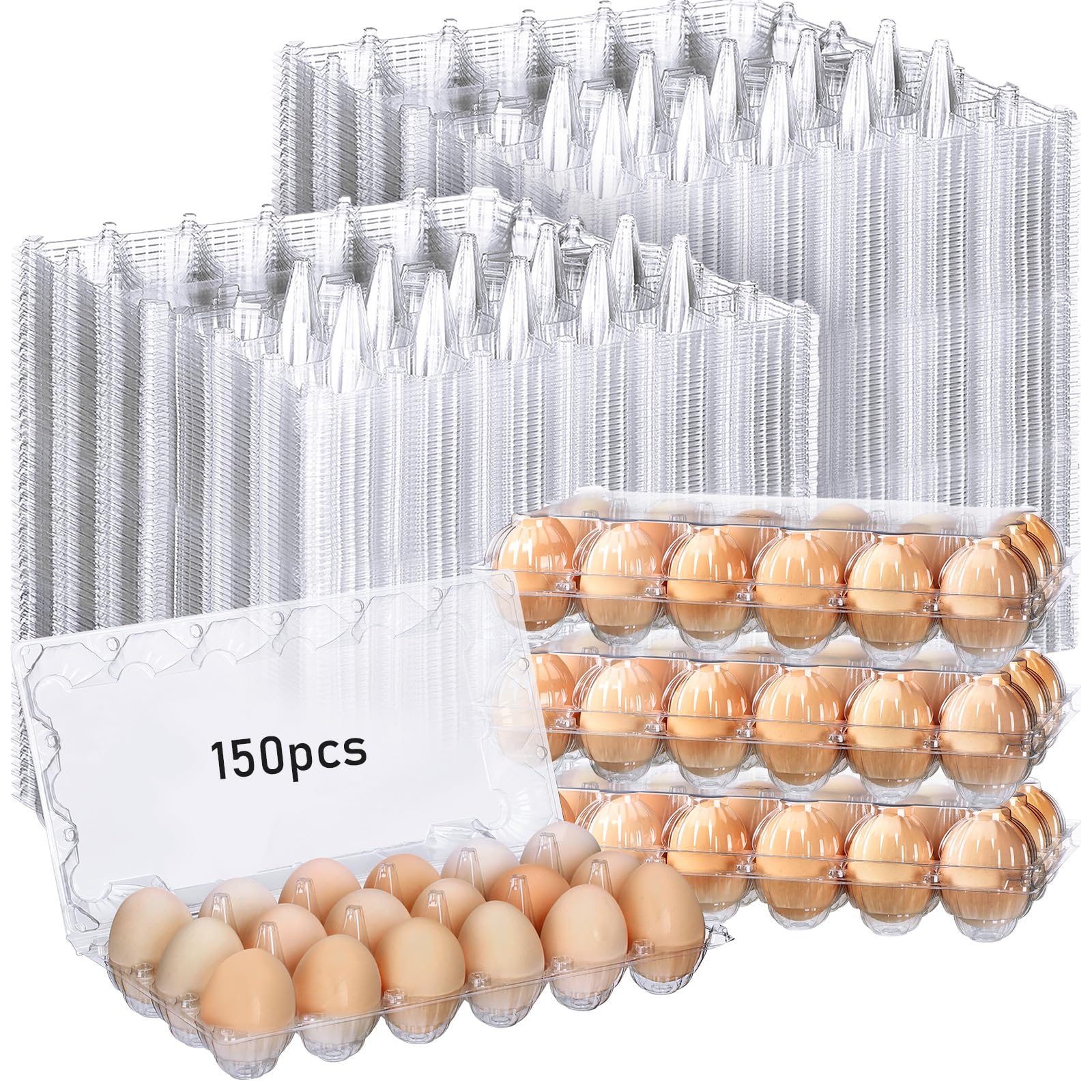 150 Pcs Easter Plastic Egg Cartons Bulk Holds up to 18 Eggs Clear Empty Chicken Egg Tray Reusable Secure Blank Egg Cartons for Chicken Farm Business Market Home Refrigerator Storage