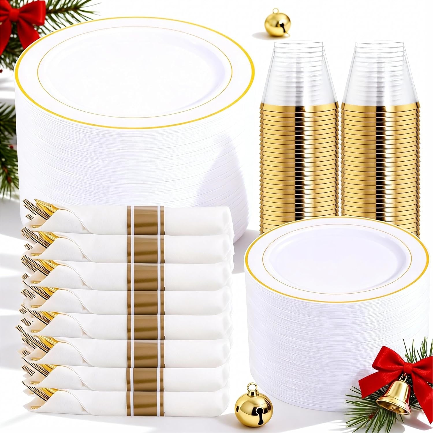 DaYammi 350PCS Gold Plastic Dinnerware Set for 50 Guests, Christmas Plates Disposable, Include: 50 Dinner Plates, 50 Dessert Plates, 50 Pre Rolled Napkins with Gold Silverware, 50 Cups DaYammi 350PCS Gold Plastic Dinnerware Set for 50 Guests, Christmas Plates Disposable, Include: 50 Dinner Plates, 50 Dessert Plates, 50 Pre Rolled Napkins with Gold Silverware, 50 Cups