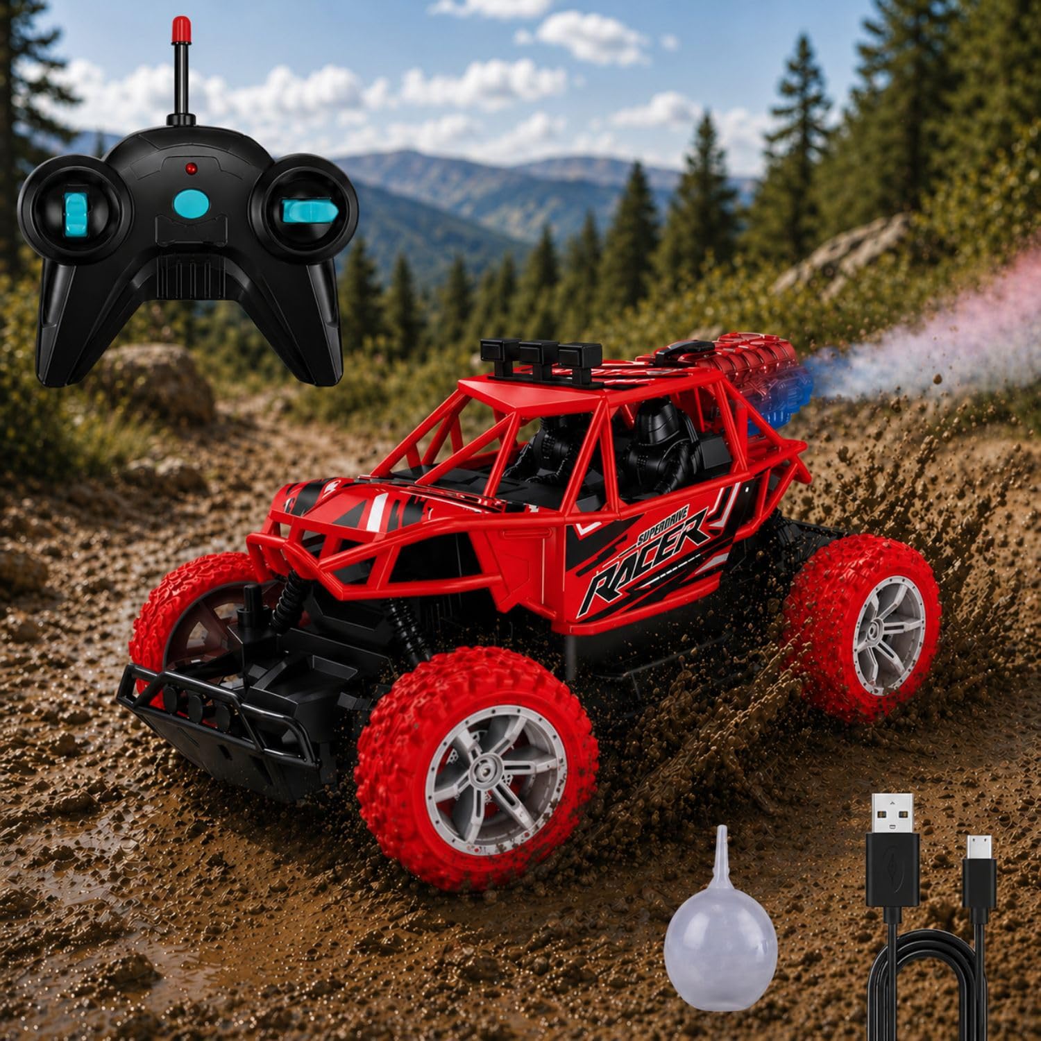 Toy Imagine Remote Control Car for Kids, Rechargeable RC Off Road Buggy with LED Lights & Spray Mist Effect, 40MHz Racing Car Toy for Boys & Girls, Indoor Outdoor Play, Red-image-21