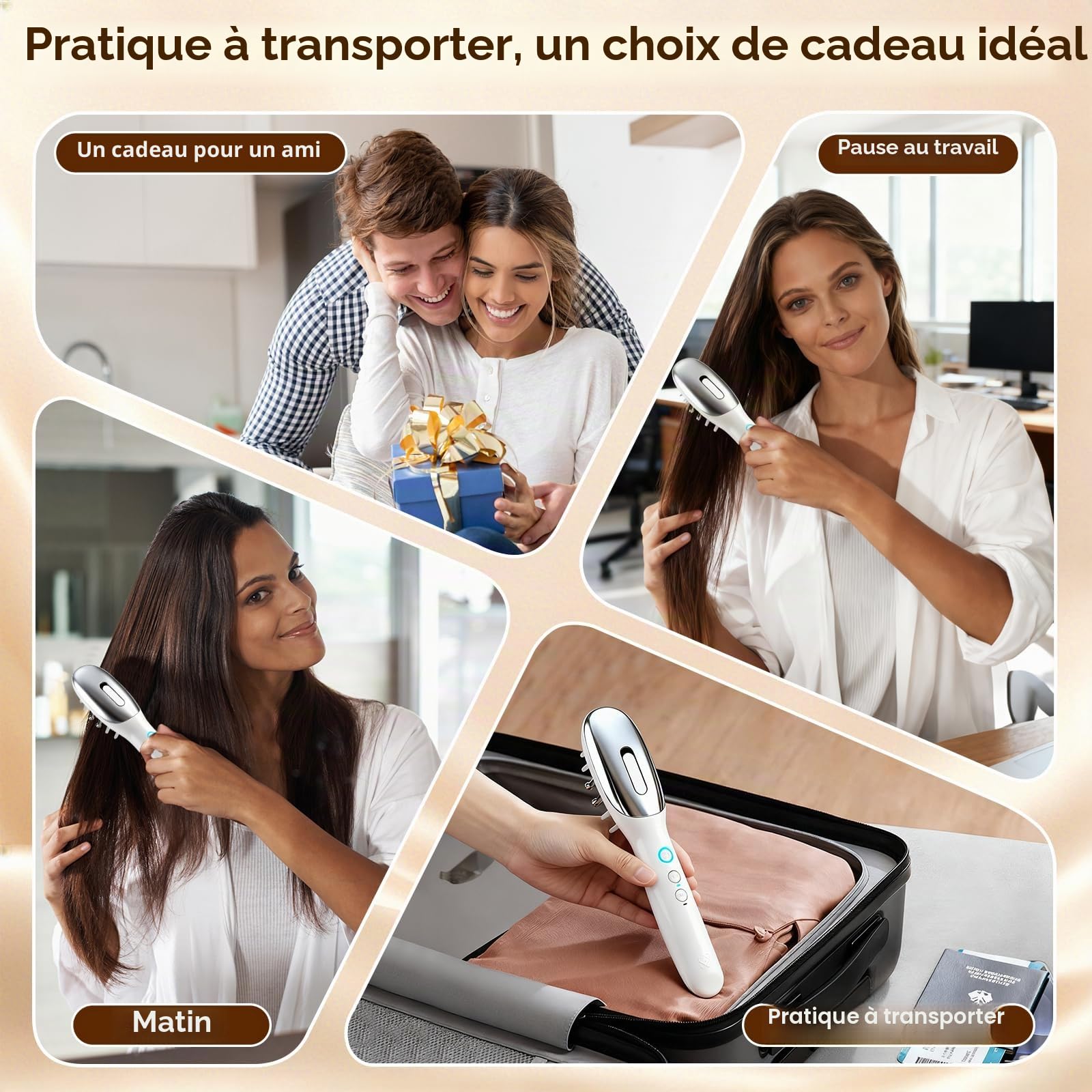 Brosse de Massage É‌lectrique Pour le Cuir Chevelu, Brosse de Massage Portable Pour la Tête à Lumière Rouge et Bleue, Microcourant EMS et Vibration, Favorise la Croissance des Cheveux