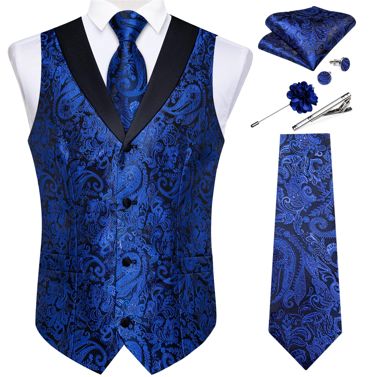 DiBanGu Mens Paisley Suit Vest Silk Jacquard Waistcoat and Necktie Set Formal Shawl Collar Dress Vest 7PCS for Wedding Party