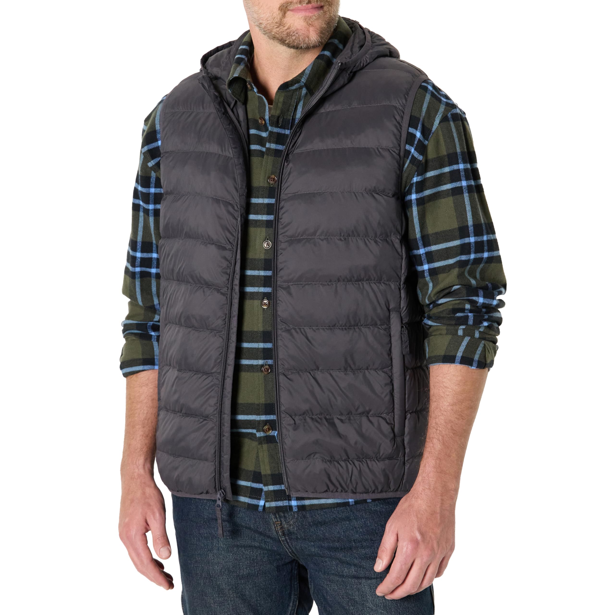 Amazon Essentials Herren Leichte Wasserabweisende Regular-Fit-Steppweste mit Kapuze, Dunkelgrau, XL