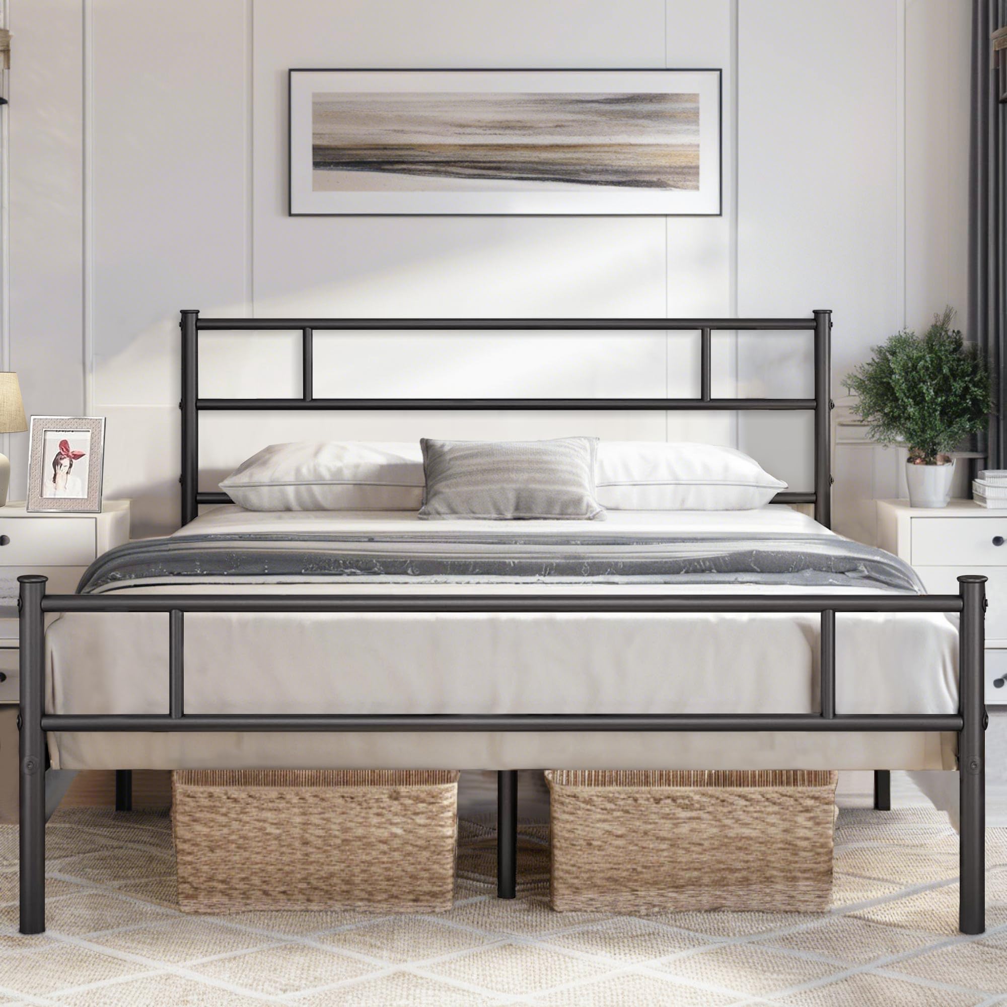 Diagram showing the dimensions of the VECELO Full Size Metal Platform Bed Frame.