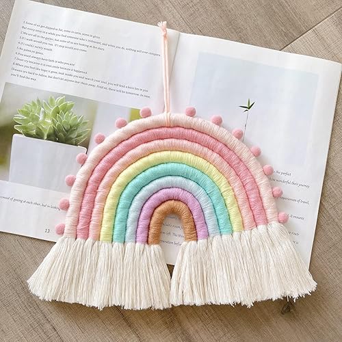 Miniatura 5 de Decoración de macramé para colgar en la pared, guirnalda de pompones, decoración de arco iris para habitación de niños, niñas, dormitorio, baby
