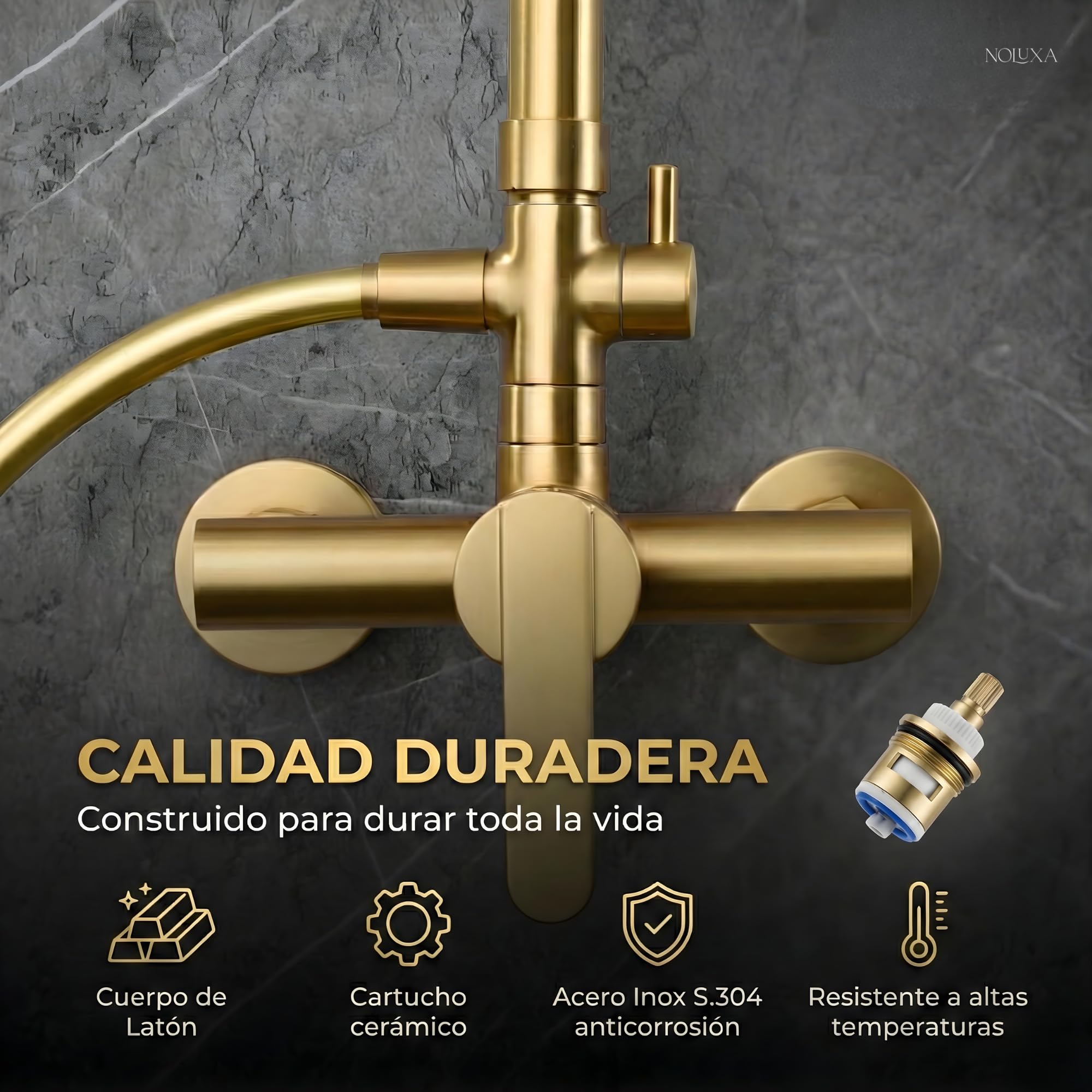 IMEX - Columna Ducha Oro Cepillado con Grifo | Conjunto de Ducha Monomando con Alcachofa y Rociador Antical | Griferia en Latón y Acero Inox S.304 con Barra Extensible | Serie Roma
