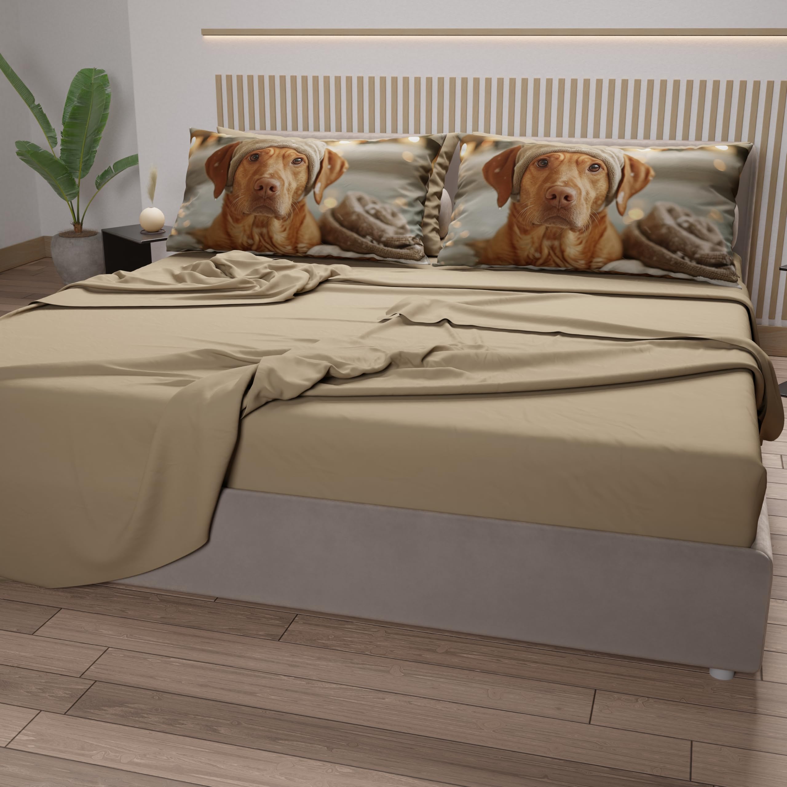 PETTI Artigiani Italiani, Animal Bed Linen with Dogs in Cotton with Pillowcases in Digital Print, Double Bed Sheet, Taupe - Image 3