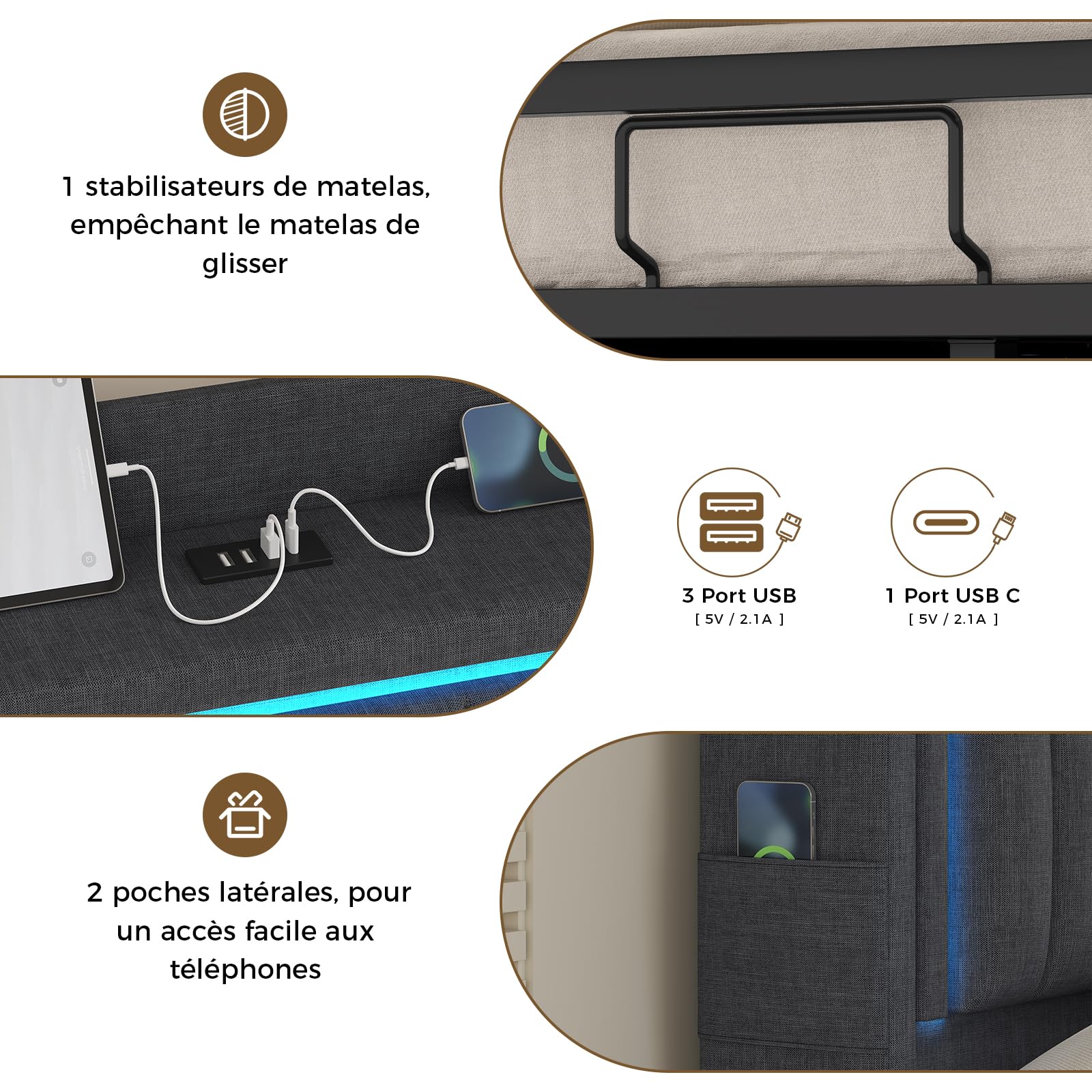 Lit Coffre 140x190 à LED, Lits Hydraulique avec Multiprise, Tête de Lit Capitonnée avec Étagère Ouvertes, Lits Double avec Rangement Spacieux, Lattes en Bois, Litss 140 x 190 avec Sommier, Lin Gris