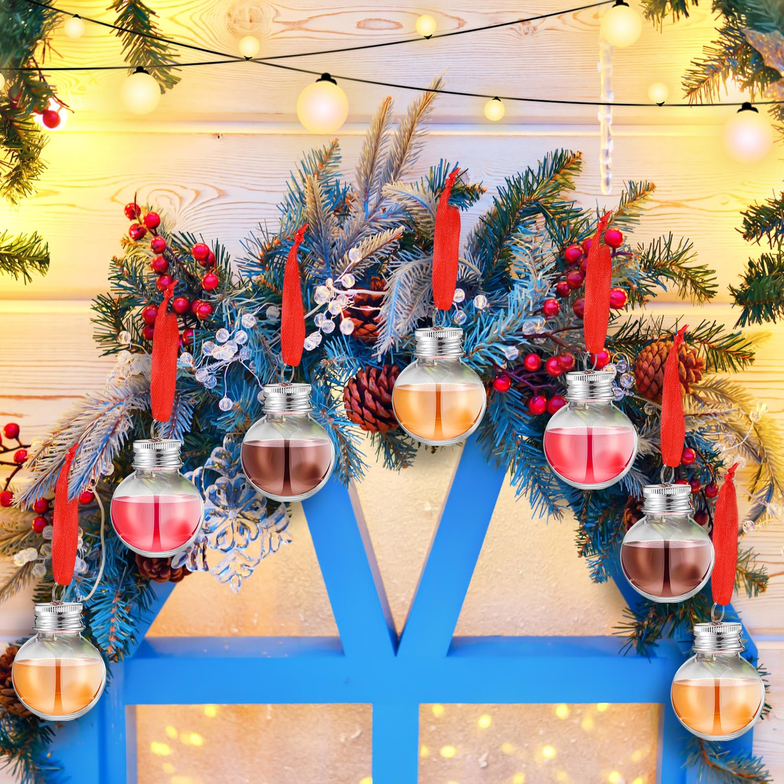 Patelai Lot de 50 boules de Noël en verre à shot en plastique à remplir pour sapin de Noël - Ampoules pour décoration de fête de vacances intérieure et extérieure (transparent avec couvercle argenté)